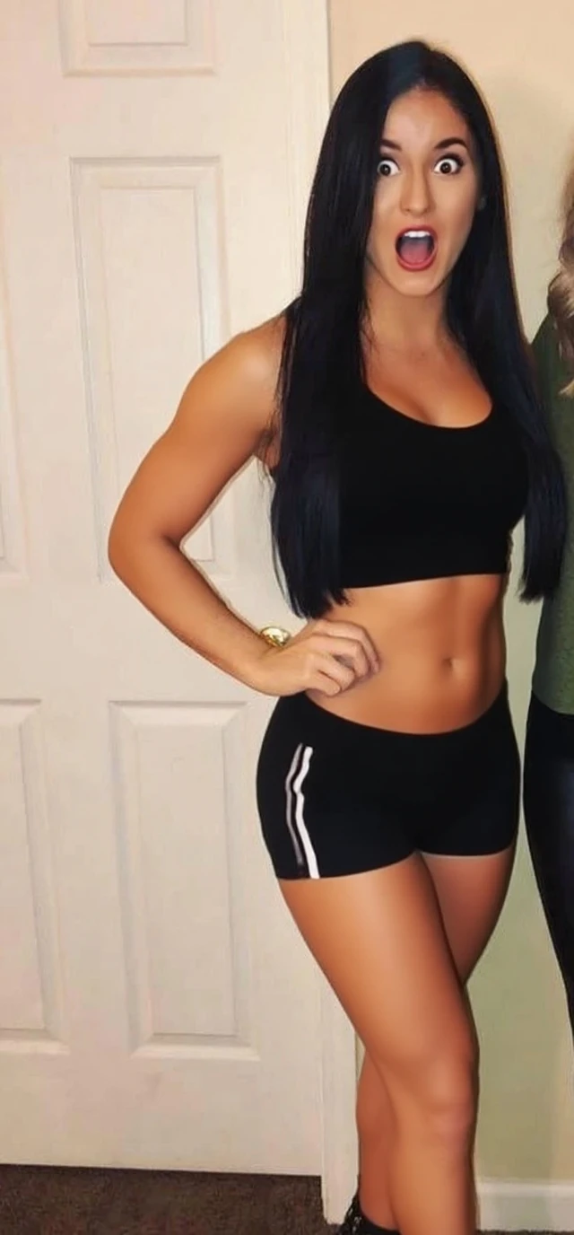 imagine an image with a resolution of 1280px by 720px containing a 30-year-old brunette woman, wearing a top and leggings. The image must show 4 photos of this woman in her fitness evolution, from losing belly fat to the final result, slender and defined..