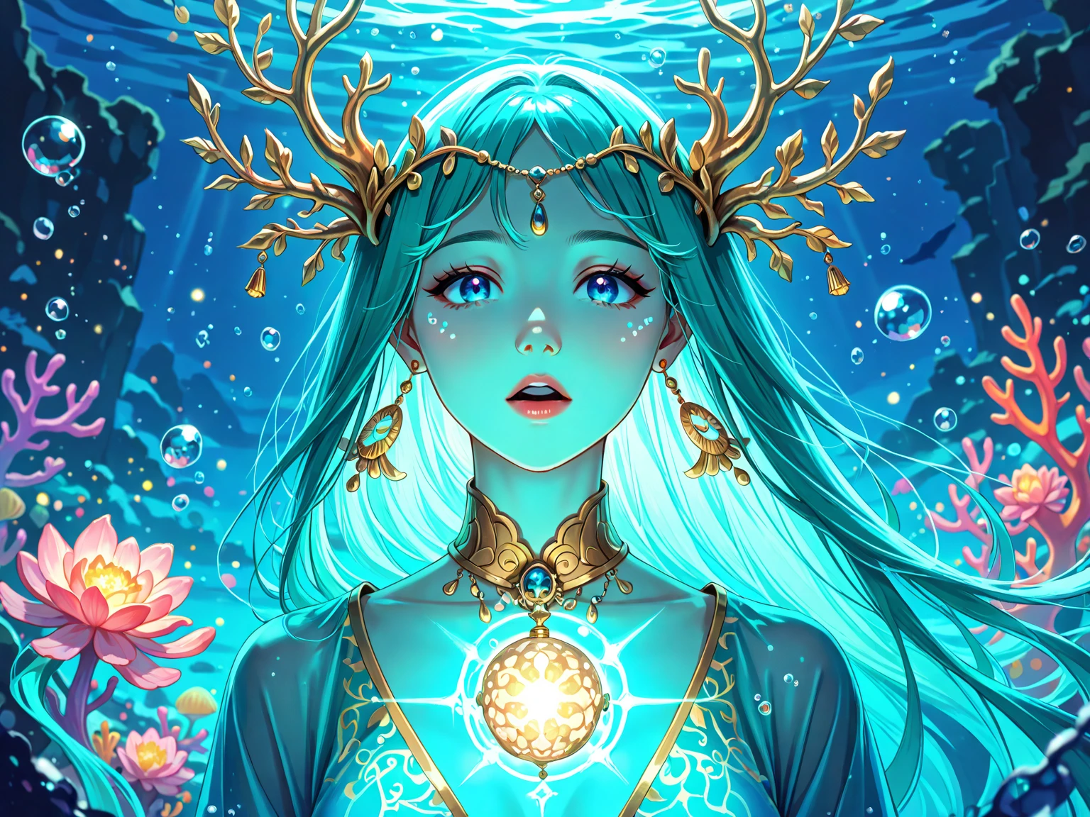 (((masterpiece))),(((best quality))),((ultra-detailed)),((underwater)),(illustration),(beautiful detailed water),((coral)),open tuck,((extremely delicate and beautiful girls)),dynamic angle,floating,(beautiful detailed eyes),(detailed light),(loli),floating hair,glowing eyes,(splash),underwater),((fishelack hair,green right eye,iceblue left eye,very long white dress,feather,nature,(sunlight),(underwater forest),(painting),(bloom),(detailed glow),(drenched),seaweed,fish,(((Tyndall effect))),face to face --s 1000 --c 20 --q 20
