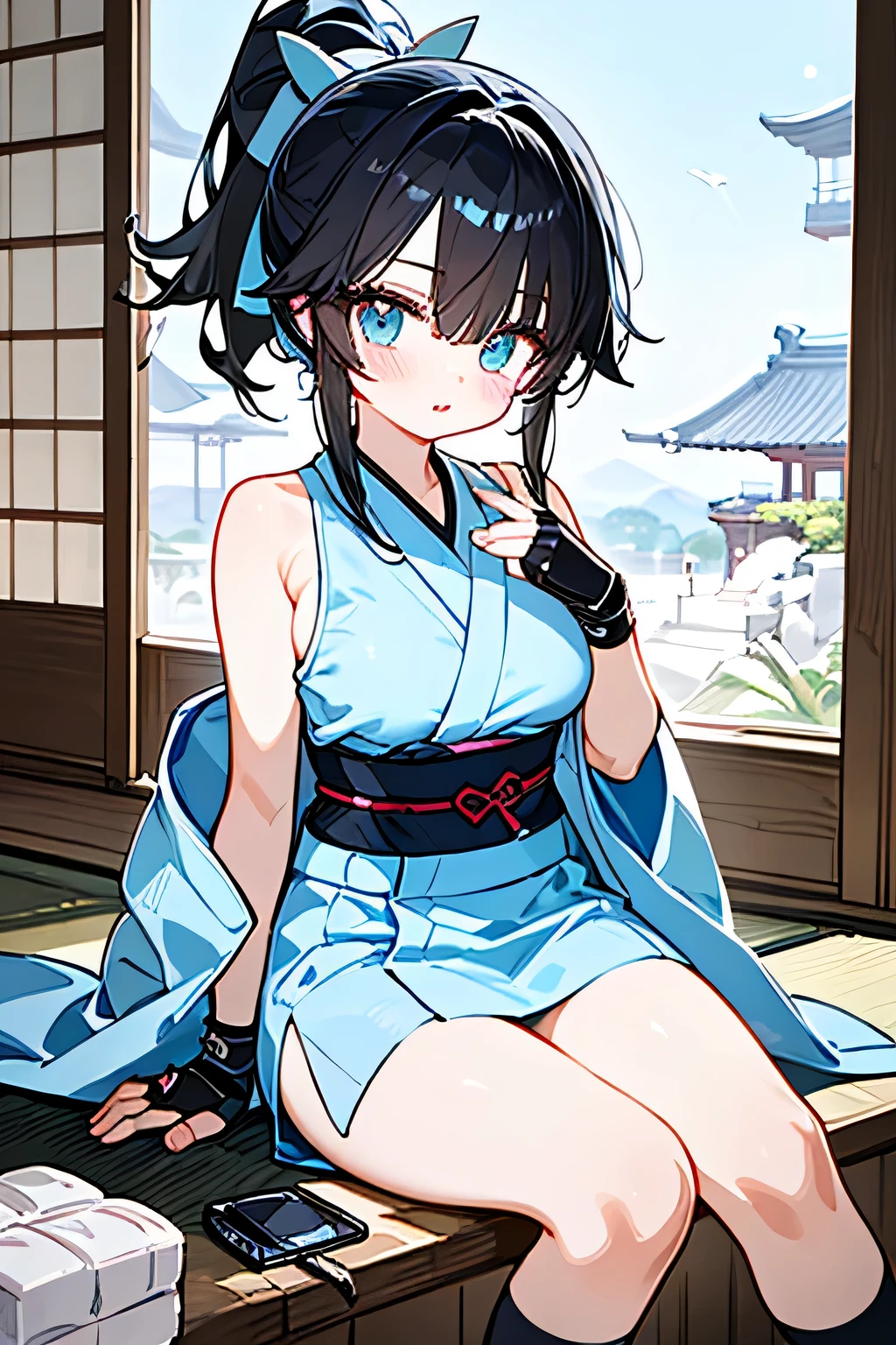 16-year-old girl、Short black hair down to the shoulders、Blue kimono、A cheerful smile、Daytime forest、Large Torii Gate