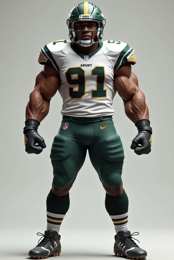 a gray rhino posing with his biceps in a green hat and football uniform