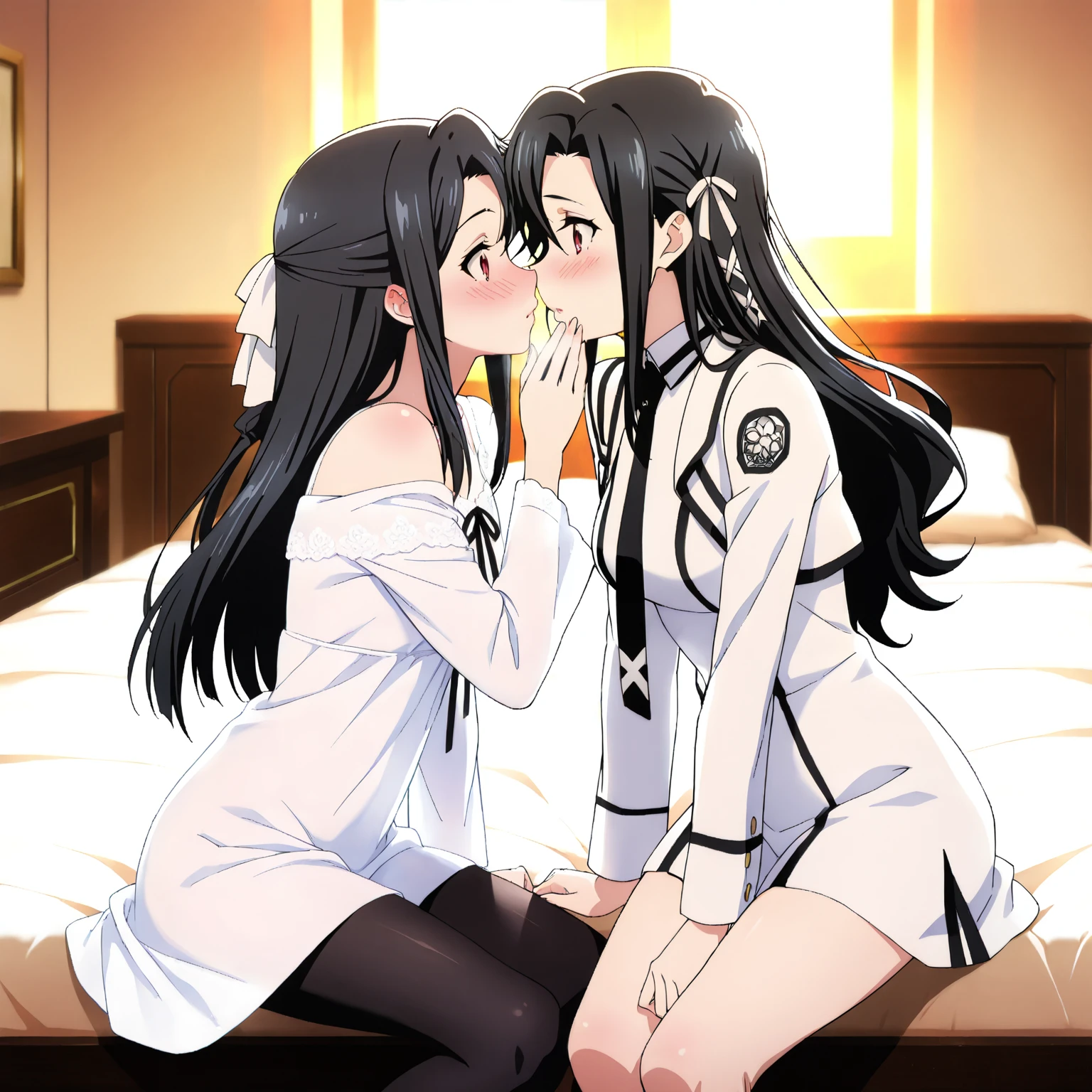 deep kissing 2 girl,lesbian,white skin,black lips,black hair,blunt cut bangs,twin tail,goth makeup style,goth clothes,long skirt,open clothes,glasses,garter belt,black high heel boots,small breasts,seductive smile,sweat,rolling eyes, tears,saliva trail, lesbian,yuri,deep kiss,indoors,on bed,lesbian sex,lesbian kissing