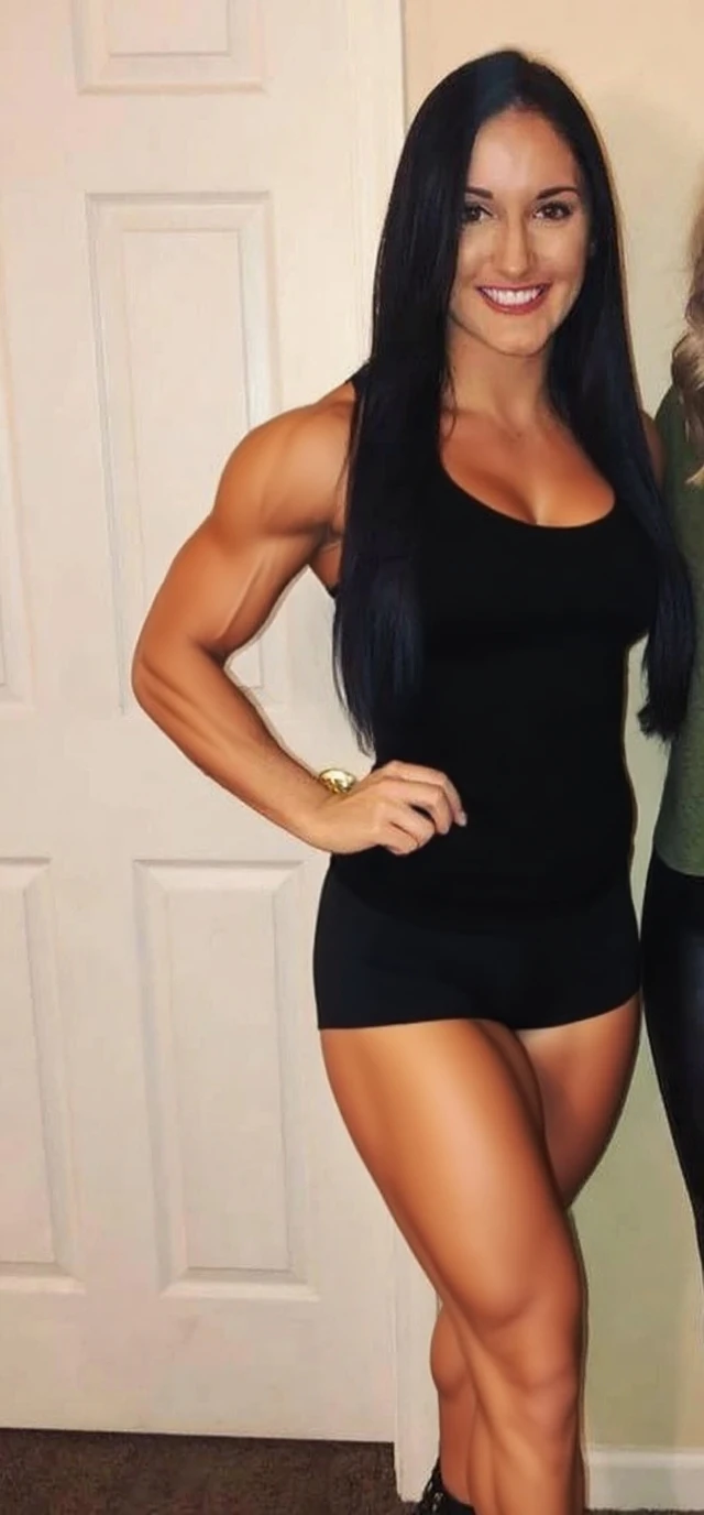 (Muscular:2), (thick thighs:1), (large muscular chest and shoulders:1.6), FEMALE, brown hair, long brown hair, (big smile:1.6), (wearing a tight polo shirt:1.5), looking at viewer, (three quarter view:1.2), upper body view, (bedroom:1.5), dark lighting, detailed skin, detailed eyes, (dark skin:1.1), (very thin waist:1.8), (huge round muscles:1.5),