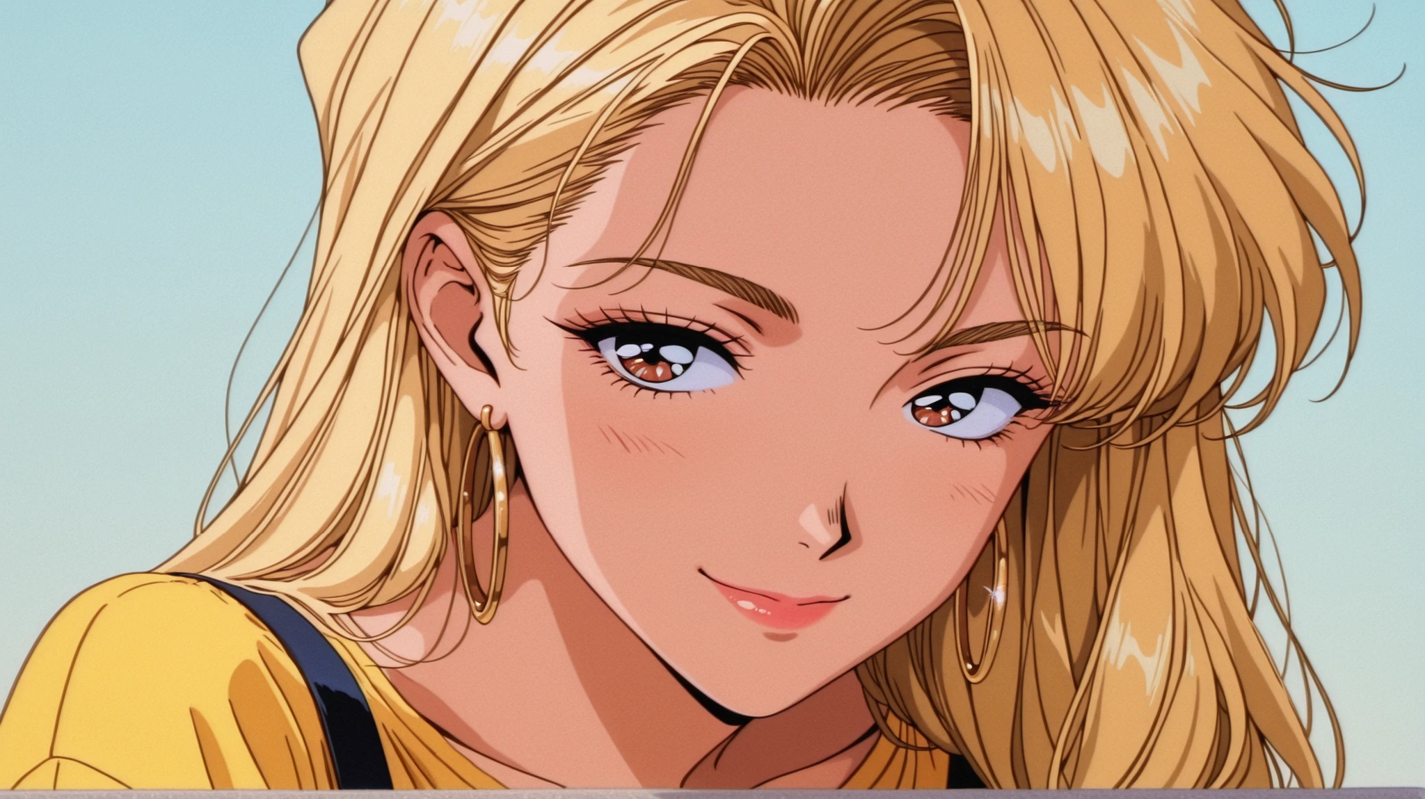 Masterpiece,Best Picture Quality,Stunning picture quality,1 girl, solo, super beautiful , Smile,Masterpiece, best quality, 1 girl, ,blonde, Shut up, Hoop Earrings, jewelry, red slit dress with suspenders, long hair, Fashion Magazine,simple background, face close-up, solo, , yellow shirt, 90s _cartoon_aesthetics, 1990s (style), Retro, Retro artstyle, high resolution,