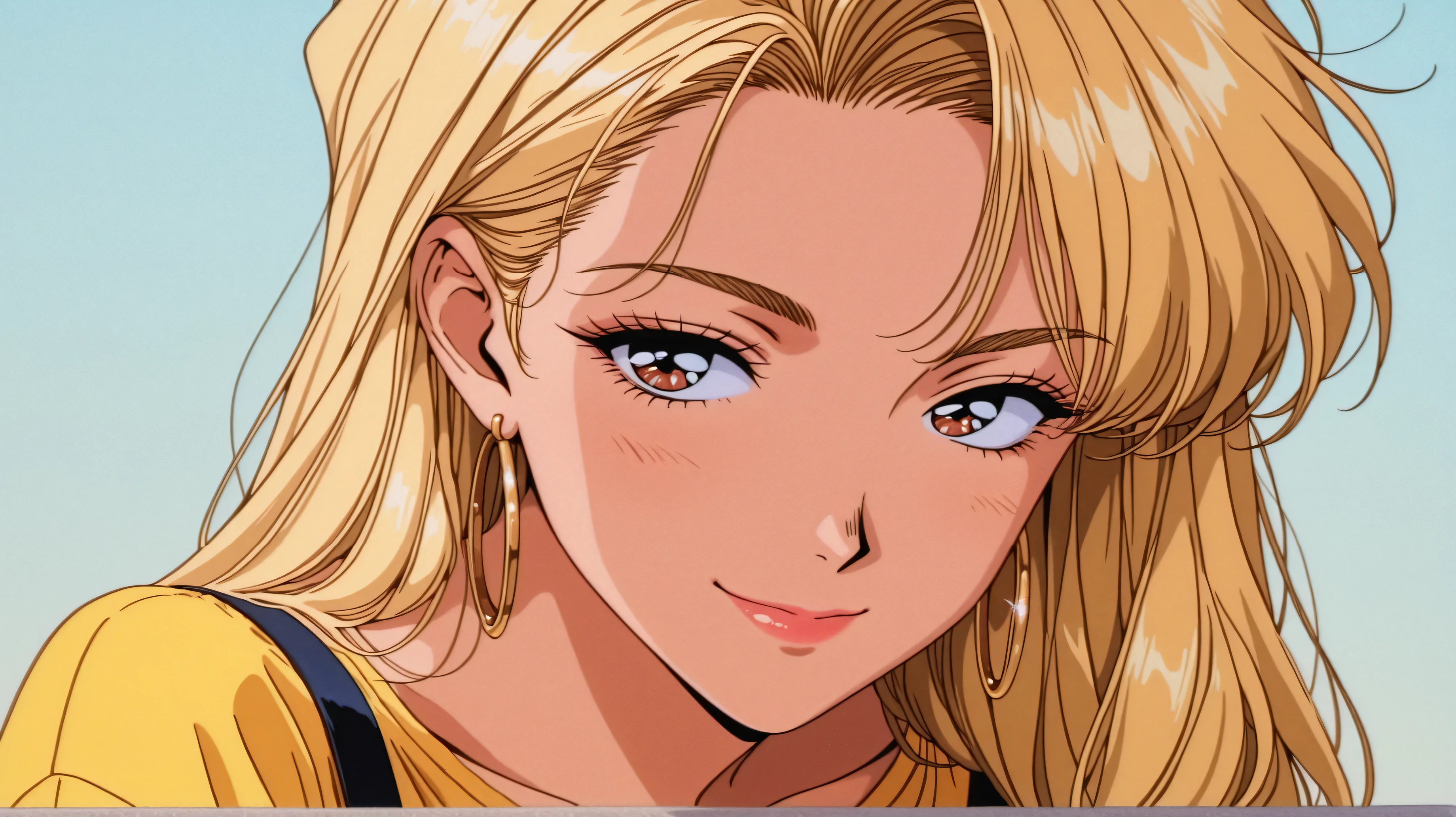 Masterpiece,Best Picture Quality,Stunning picture quality,1 girl, solo, super beautiful , Smile,Masterpiece, best quality, 1 girl, ,blonde, Shut up, Hoop Earrings, jewelry, red slit dress with suspenders, long hair, Fashion Magazine,simple background, face close-up, solo, , yellow shirt, 90s _cartoon_aesthetics, 1990s (style), Retro, Retro artstyle, high resolution,
