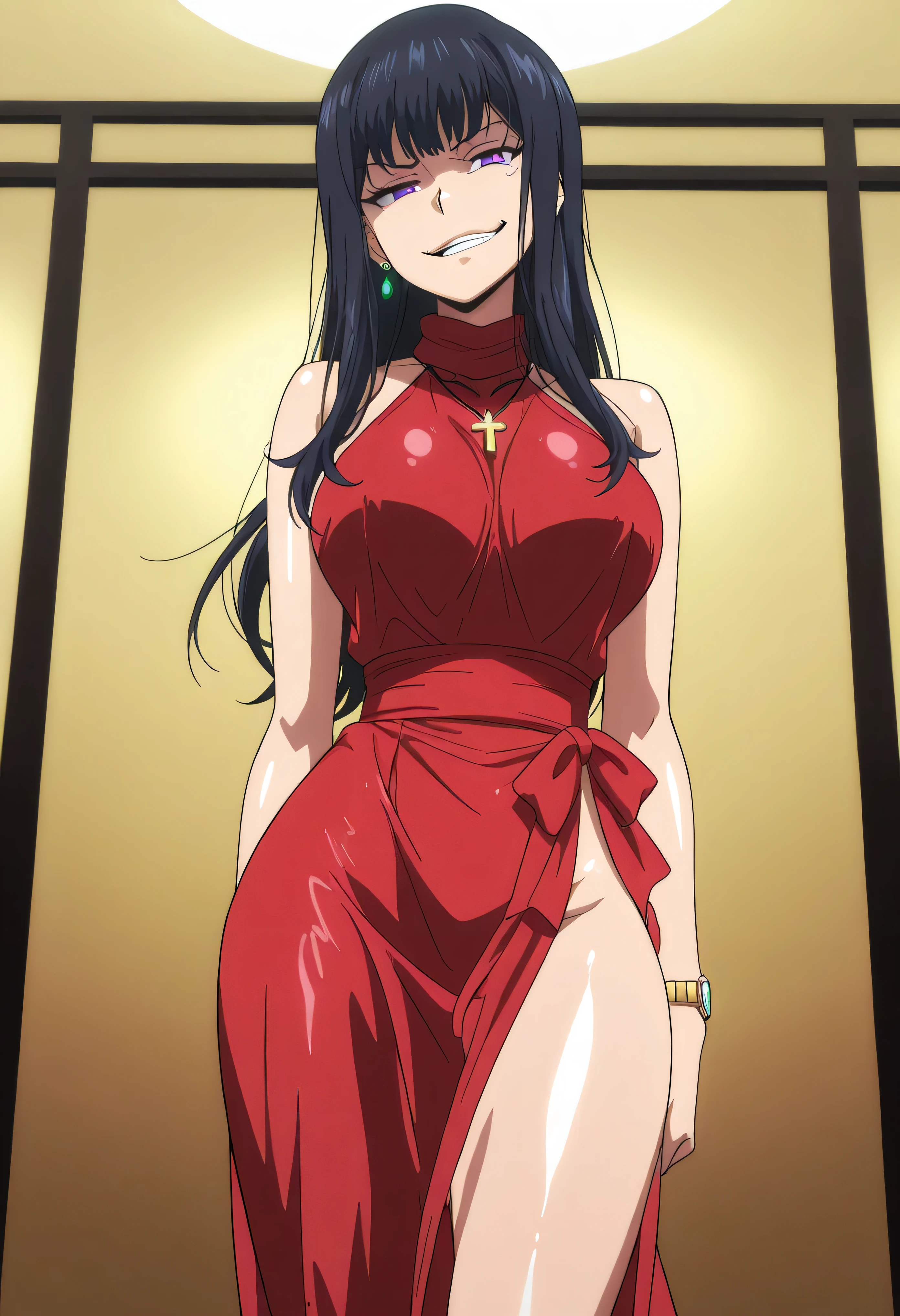 black hair,long hair,purple eyes,red sleeveless dress,,ear piercing, long hair, , ,Hot Girl, ,(smirk:1.5) , charming ,cross necklace, masterpiece, best quality, very detailed, A girl in a long dress is doing a photo shoot with a navy cutout, , smile, open mouth, (nsfw) Unsuitable for work, revealing dress, Beautiful Dress ,official artwork, gem, earrings, complex detailed background, , lavishly decorated , ,, medium to large boobs ,watch viewers , , Anipai _style , anime screen cap , anime coloring, solo,1girl,(shiny skin:1.3),