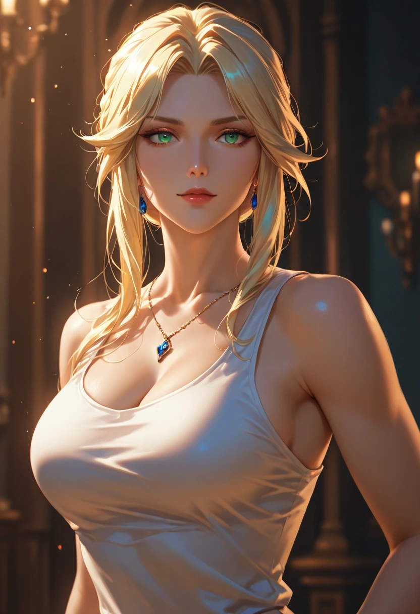 animetoreal,soft light, masterpiece, best quality,high quality,delicate face, realistic,photorealistic,1girl,,yamanaka_ino, naruto_(series), naruto_shippuuden, blonde_hair, long_hair, high_ponytail, hair_over_one_eye, blue_eyes,large_breasts, bare_shoulders, midriff, purple_crop_top, earrings, Fishnet elbow pads, jewelry, purple_skirt, Fishnet stockings,in a castle,floating_clothes