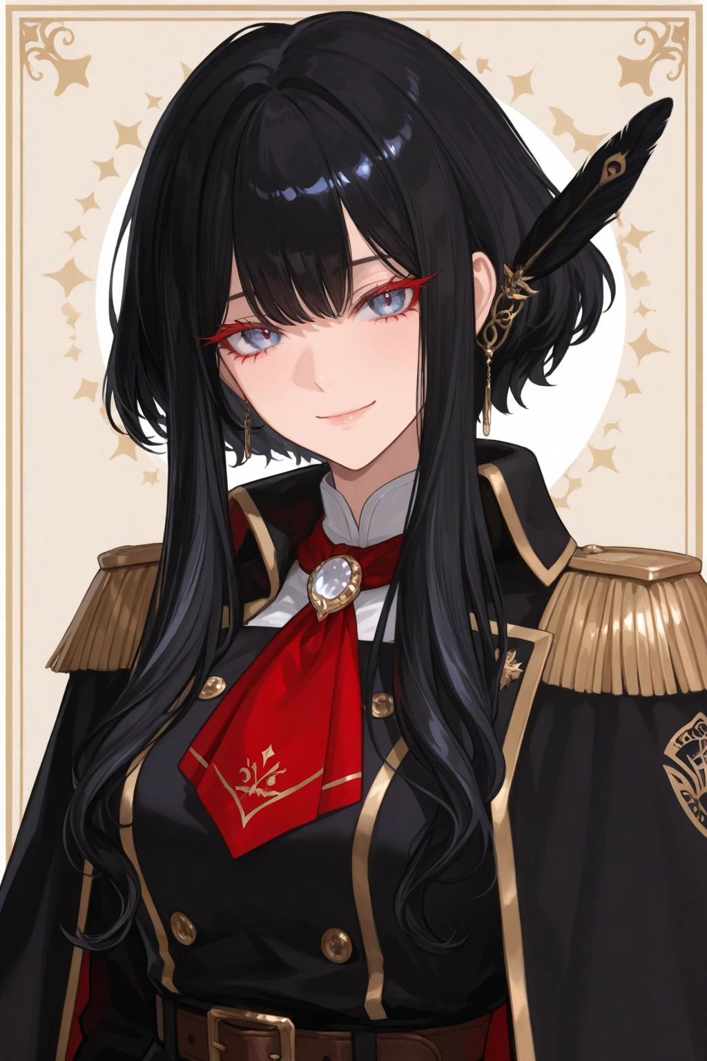 score_9, score_8_up, score_7_up, score_6_up, score_5_up, score_4_up, detailed eyes, detailed skin, source_anime, source_anime, masterpeice, best quality, very aesthetic, absurdres, BREAK, 1girl, solo, AmeDefault, black hair, black eyes, medium hair, twintails, hair over one eye, x hair ornament, <lora:ChamKAngelPonyXL:1>, <lora:IJAuniformXLv1:1> ,cowboy shot,upper body,court uniform,black uniform,austrian knots sleeve,small breasts,narrow waist,evil smile,light smile,indoors,palace,courtroom, japanese flag in background,