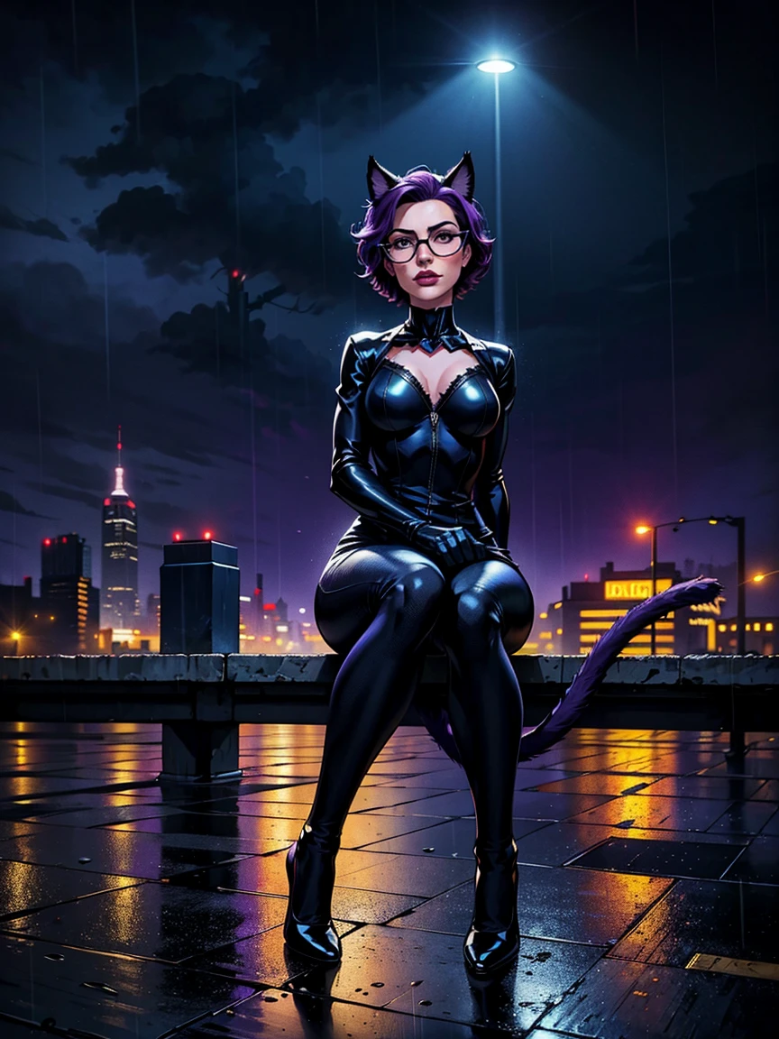 Only one woman , There's an adult woman in a park, 35 years old, catwoman cosplay, cat ears,, Dark purple hair, black hair and purple streaks, cat ears on head, beautiful chest, Second life avatar, Beautifullscreenshot, Second life,, full body view, Front view, seductive woman, high quality, Very detailed skin