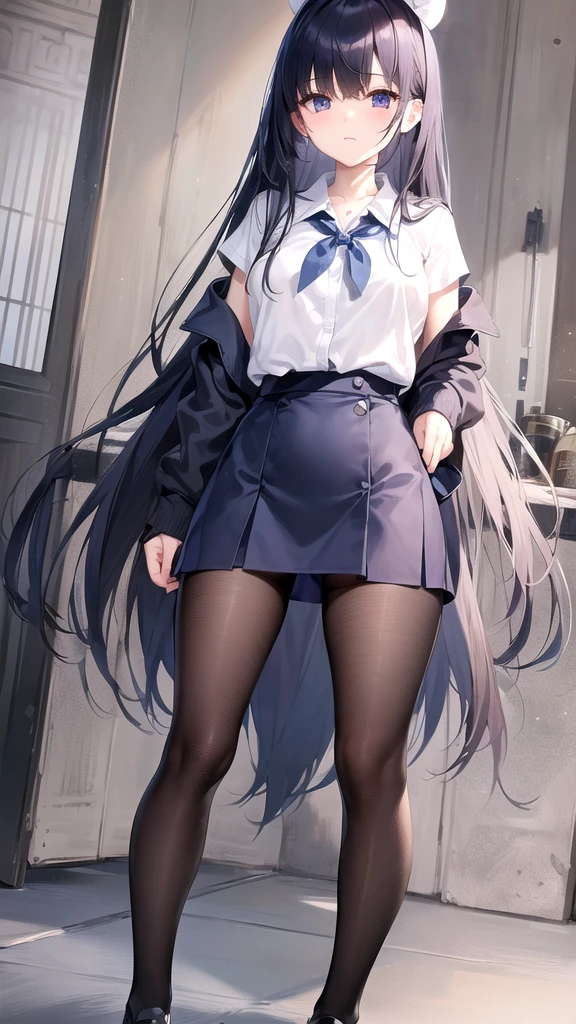 (1 girl),(high quality), (High resolution), (extremely detailed), (8K),(focus on lower body),(CG),high school girl、18-year-old girlfriend、girls high school uniform、navy pleated skirt、panties、(black pantyhose:1.2),(erect nipple shape),No shoes、(neutral white lighting),Transparent clothing
