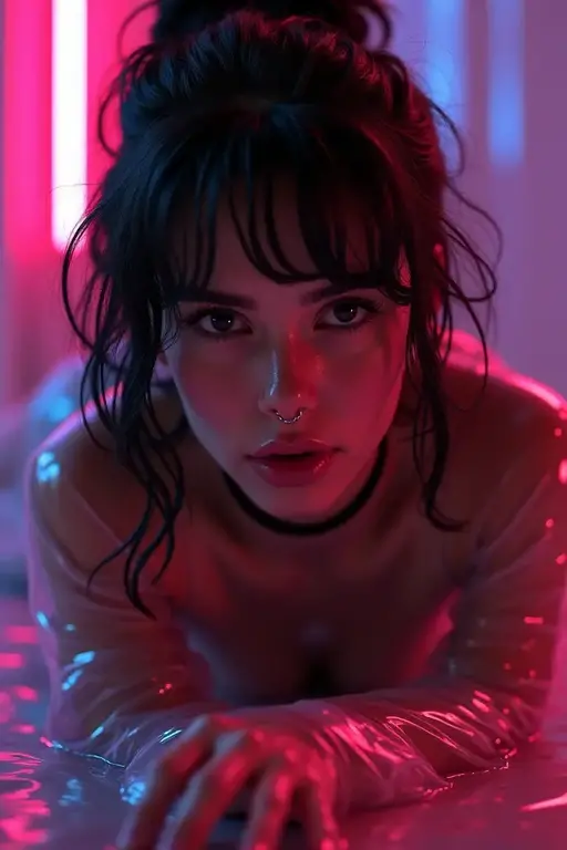 Super high resolution portrait photo of Ana de Armas with bangs and bun, standing in a room, cyberpunk, nude, F/2.8, canon, 85mm, cinematic, high quality, looking at camera, big breasts (naked)