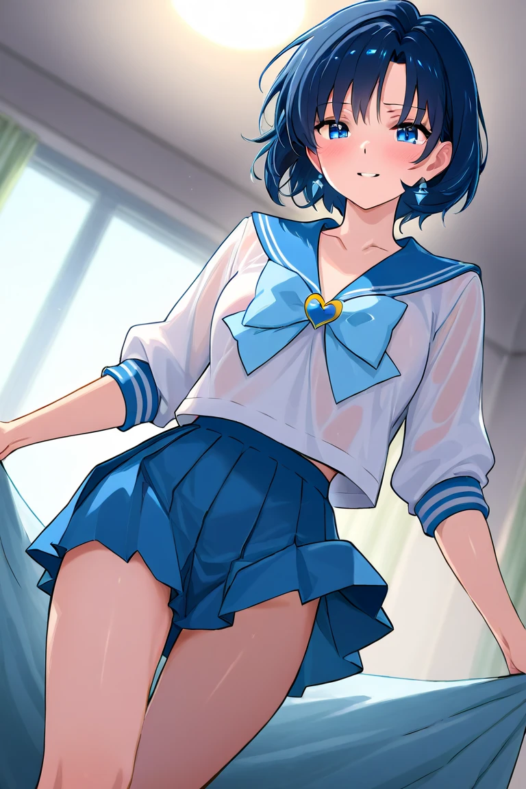 18-year-old,shiny navy hair,short hair,Parted bangs,Yellow Eyes,Large Breasts,Small waist,Big Ass, , See-through sailor suit,Navy blue mini skirt,Black underwear,