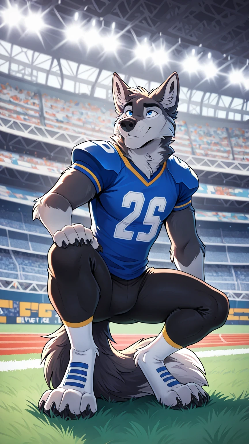American football stadium background, blue eye, Reflections, full body, Anthropomorphic, Adult Wolf, without humans, by ango76 , Masterpiece, better quality,very aesthetic, newest, anthropoid, mammal, a child, Clothes, Alone, byry, byry Macho, sexist approach , blue eyes, biped posture IN FRONT, Male Wolf,Lobo blanco macho furry, by, crouching posture, crouching, claws, animal ears, high resolution, blue American football jersey, white lycra tights, tenis debytivos blancas, wolf tail, front view of the spectator