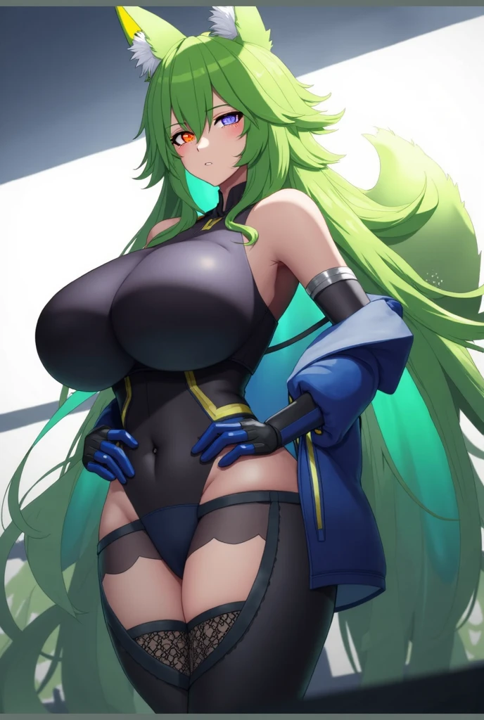 1girl, long hair, dark green hair, blue eyes, big breast, arrogant expression