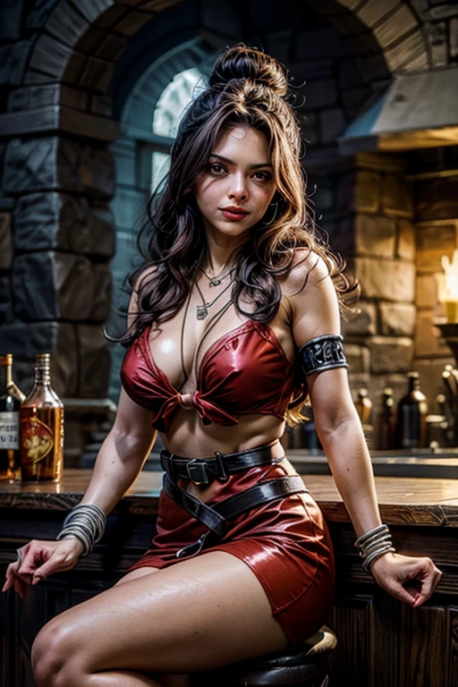 Female Orc, long flowing red hair, muscular build, blue eyes,