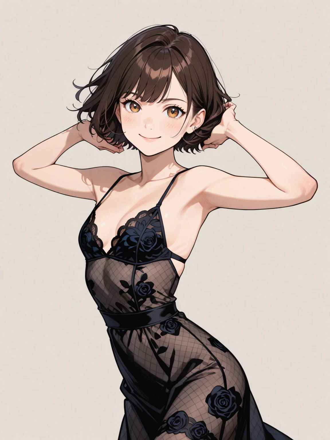 score_9, score_8_up, score_7_up, score_6_up, score_5_up, score_4_up,   wh33z13, 1girl, extreme short hair, black silk nightgown, dark Brown eyes,