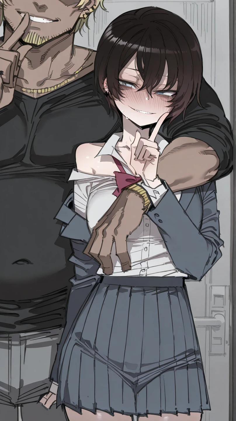 (1 old man, grab someone else's chest, groping, hetero:1.2), highest quality, High resolution, 1 girl, focus only, (beautiful chest:1.2), it is in it, magenta polo shirt, black pants, blush, embarrassing, (from below:1.2) short hair black hair sexual harassment