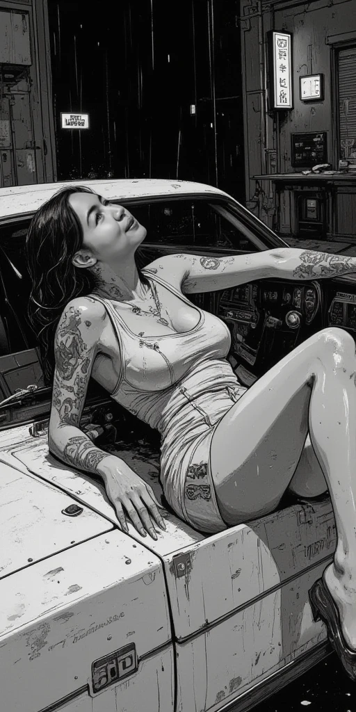 photorealistic, ((Black and White photography:1.6)), ((low-light photography:1.6)), best quality, masterpiece, full body view, view from above, skinny beautiful Korea sensual actress Bae Doona in a very open biker leather jacket laying nudist on top of the hood of classic car on the street at night, ((Bae Doona realistic face:1.8)), ((very beautiful thin face, perfect detailed alluring eyes, very pointy nose, very sexy lips :1.3)), ((very flirty face expression, very horny smile :1.3)), ((pale white skin:1.5)), ((very very messy short hair:1.3)), ((very skinny body, six-pack abs, very skinny legs :1.3)), (only wearing (a very open biker leather jacket:1.4)), ((very very enormous breast, areola protruding, very pointy nipples :1.4)), ((no bra, no bikini, no panty, no underwear :1.3)), ((spreading legs very wide:1.3)), ((exposing very loose vagina and very dense pubic hair :1.6)), ((very very dense pubic hair:1.6)), ((very very thick pubic hair:1.6)), ((very wide open vagina hole:1.4)), ((perfect body anatomy:1.3)), ((sensual laying pose:1.3)), (background is (a hood of classic car on the street at night:1.3)), ((perfect laying pose on top of the hood of classic car:1.3)), sensual photo of Bae Doona nudist erotically on the street in Black and White film color, ((dark lighting, lens flare, sharp focus :1.3)), photography concept of cheap Korean porn actress, editorial erotic model photography, Playboy magazine editorial photo, fine art nude photography, 90's nude photography, award winning nude photography
