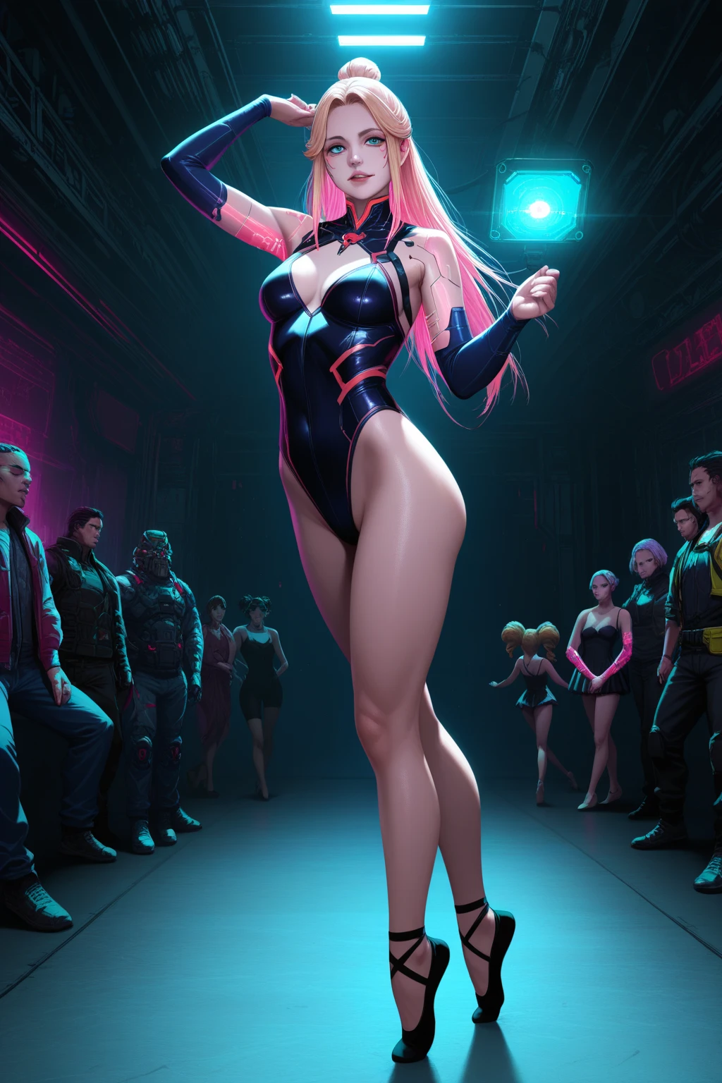 girl swimmer,((girl with extremely cute and beautiful blonde hair)),
(large breasts:1.4),saggy breasts,(((very light blonde hair:1.35,straight hair,long hair:1.4,colored inner hair,ear breathing))),((heterochromia:1.5, (pink_eye and yellow_eye))),intricate eyes,beautiful detailed eyes,symmetrical eyes,((fat)),(((lustrous skin:1.5,bright skin: 1.5,skin tanned,shiny skin,very shiny skin,shiny body,plastic glitter skin,exaggerated shiny skin,illuminated skin, wet legs))),(spider lower abdomen,narrow waist,wide hip,athletic body,inflated legs, thick thighs,detailed body,(detailed face)),
cute,slutty,seductive,erotic,((nsfw)),
zettai ryouiki,((two-piece swimsuit magenta,wearing a bikini outfit:1.3,sport bikini)),(rgb headphones:1.5,cyber gloves:1.5,huge mech-gloves),((wet clothes,intricate outfit,intricate clothes,intricate swimsuit, intricate bikini)),
cyberpunk city by the ocean at night, with bright neon signs and dark stormy clouds and puddles, scenery:1.25,nighttime, starry night, cosmos,Very dark night that makes the neon lights stand out, very bright neon lights,nighttime, starry night, cosmos,
artistic photography,(photography taken by sldr),highres, sharp focus,(ultra detailed, extremely detailed), (photorealistic artwork:1.37),(extremely detailed CG unity 8k wallpaper),((synthwave background theme)),(((vibrant colors))),intricate,(intricate background),(masterpiece),(best quality),perfect rendered face,perfect face details,realistic face,photo realistic,analog style,((intricate detail)),(((realism))),