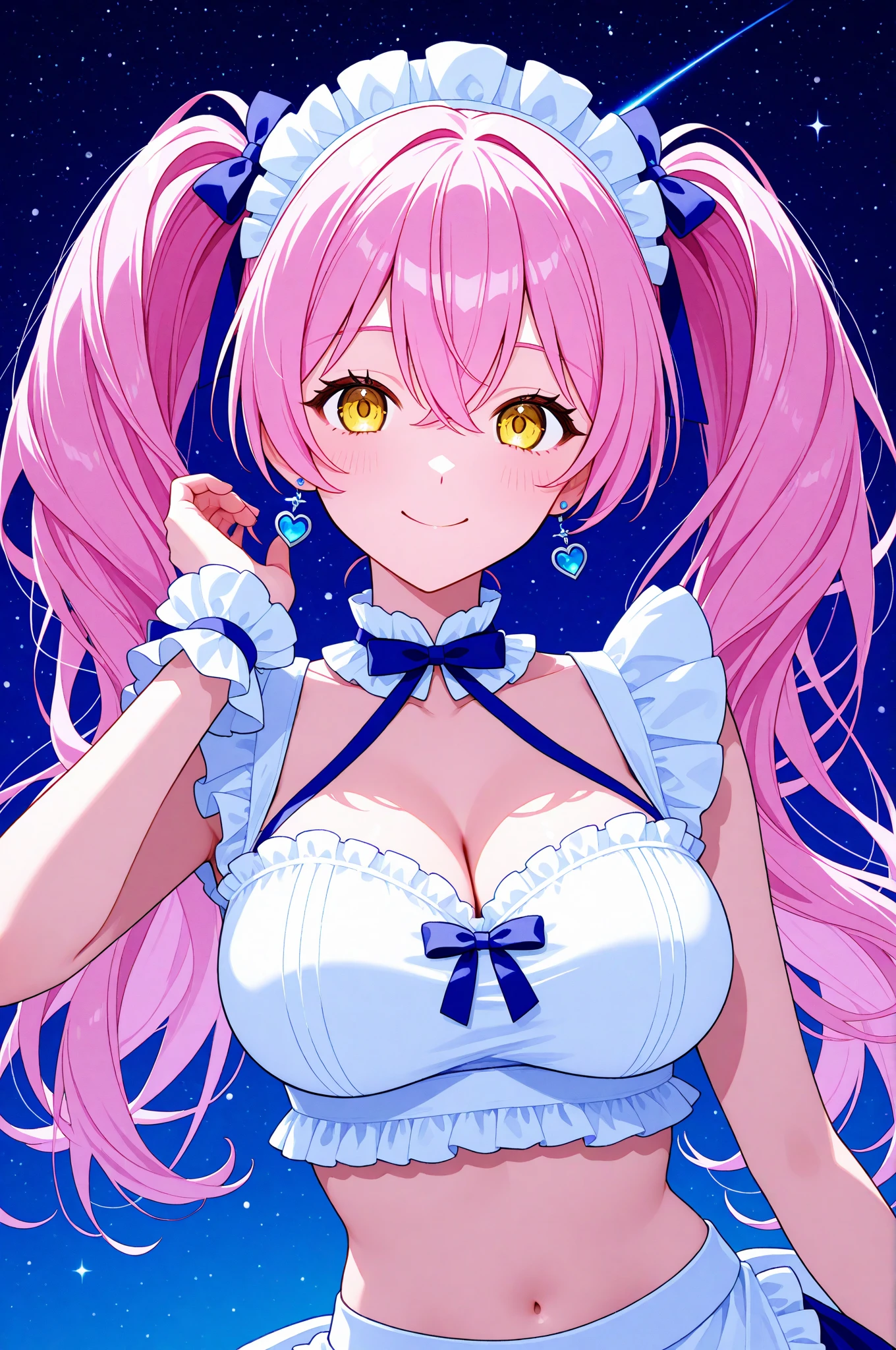 Poptchi vaguely resembles a rabbit with wide puffy cheeks, stubby ears, and a straight fringe of hair on her forehead. Her body and blush are hot pink, and her head and arms are light pink. One of her ears has a blue and pink checkerboard pattern, while the other ear is black with blue and pink polka dots. She has a toothy smirk and lidded eyes with prominent eyelashes. Her eyes are light blue with white sparkles inside them.  SPARKLE; GLITTER