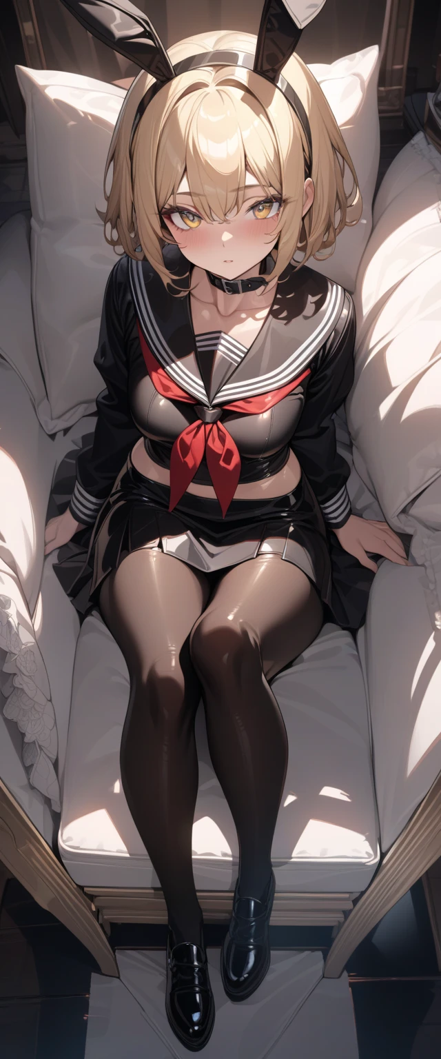 masterpiece, detailed, high quality, absurdres, sadako, (hair over eyes), pale skin, blush, large breasts, curvy, navel, stomach, groin, team rocket,team rocket uniform, red letter R, white skirt,white crop top,black thigh-highs, black elbow gloves,