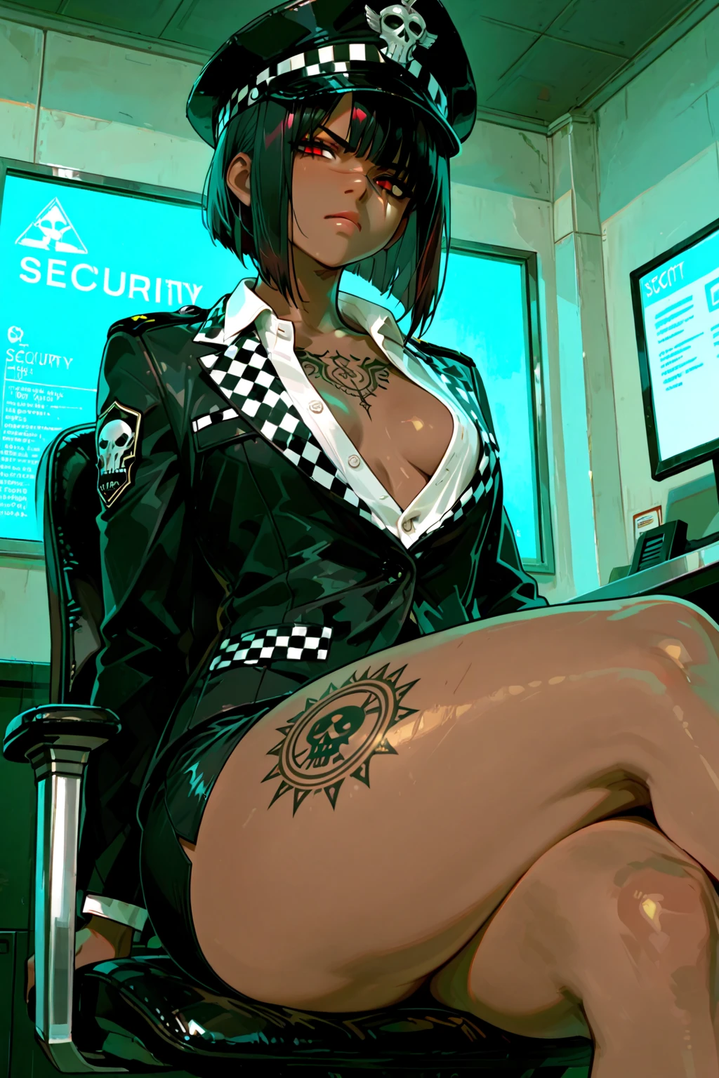 One girl, Mature Adult, Dark brown hair, Yellow leotard, barefoot, boots, gloves, Hands on hips, casino, bracelet, Green Eyes, alone, single, Bob Hair