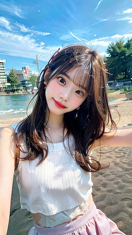 (8k、top-quality、​masterpiece、超A high resolution、High Definition Face:1.3)、portlate、(20 years girl:1.3)、bokeh dof、frontage、 Genius genius smile、Ultra-detail、ultra res、(realisitic、rialistic photo:1.37)、high-definition RAW color photography、Professional Photography、highly detailed and beautiful、ighly detailed、8k Picture Wallpaper、amazing detailed、huge filesize、Official art、Highly detailed CG Unity 8k wallpapers、highly detailed beautiful girl、extra detailed face、extremely detailed eye、highlydetailed skin、extremely detailed fingers、highly detailed nose、very detailed detailed mouth、Perfect Anatomy、Highly detailed clothing、1 girl、(18:1.2)、Teen、Cute  s、famous Japan idol、cute little、Realistic body、、white-skinned、glistning skin、Slim body、Handsome body、brown haired、(Blunt bangs:1.2)、Classic wavy long hair、 (nffsw:1.3),A smile、kawaii、zora々Right、kawaii faces、Lifelike face、Delicat eyes、Sauce order、White T-shirt、skirt by the、Looking at the camera、cowboy  shot、along the river、front facing、contrapo、public