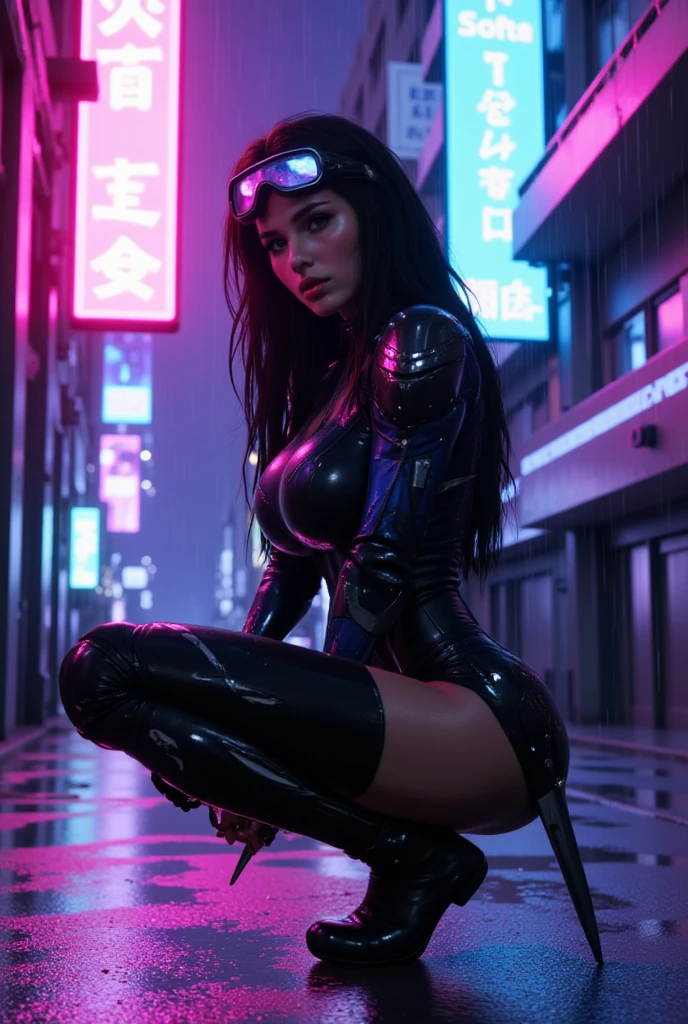 girl, (Super:1.2), RAW photos, (realisticlying:1.37, realisticlying), HD CG unified 8K wallpaper, ((straight from the front))), (Head office skin: 1.8, Glow skin), 8K UHD, digital SLR camera, gentle illumination, high high quality, dynamic pose, superdetail, ((PSYLOCKE)), violet, dark deep, ((fullbody)) Preparing, cyberpunk city background, movie poster