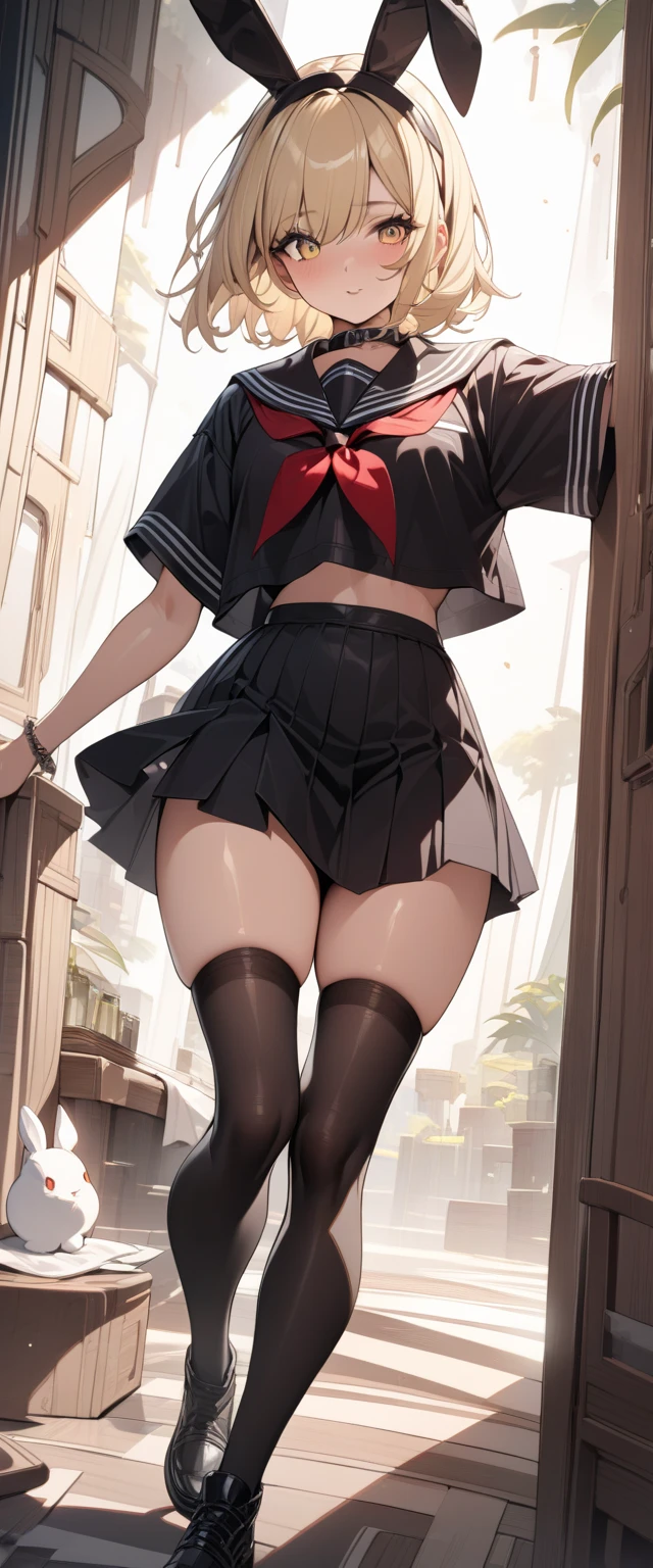 1girl in、A smile、A delightful!　The shirt、skirt by the、（small tits）pinafore、doress、hair adornments、（Maids）、beatiful legs 、((big thighs)) 、squating banchira 、((big ass))