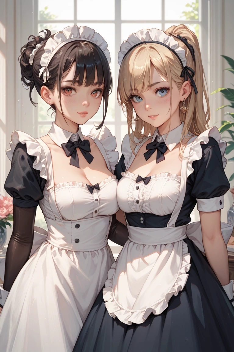 choker, Maid's Headdress, Black kimono, Wide sleeves, Frills, heart, White apron, Sleeves are longer than the wrist, skirt, red skirt, Brown footwear, Cross-laced shoes、Huge breasts、Upper Body、blush、Huge penis、Staring at the penis、Handjob
