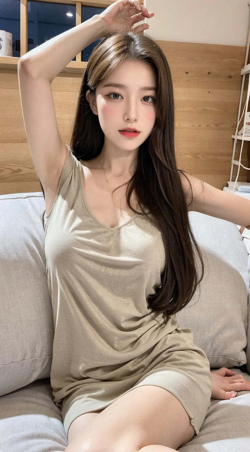 (((best quality))),(((very detailed))),(((masterpiece))),illustration,((1 beautiful girl, College student,alone)),((slim,thin,big bust,huge breasts)),(long straight hair),(strap sleeve shirt:1.2), studying, books, dormitory, Summer Afternoon, sky, gloomy shadow, bed, Wooden desk, bookshelf, Soft and warm light, lamp, soft light, Almond-shaped eyes, textbooks, fancy, Beach, city, vacation, laugh, pen, emphasis, notebook, date, leg stretching, A cushion, portable fan, soothing breeze, summer heat, herbal tea, thirst, potted plants, greenery, vibrant leaves, cozy atmosphere, a firm expression, excel test, Summer Vacation, Intellect, crystal, achieve the goal,((sit on the sofa,arms back,spread legs,in front,whole body))