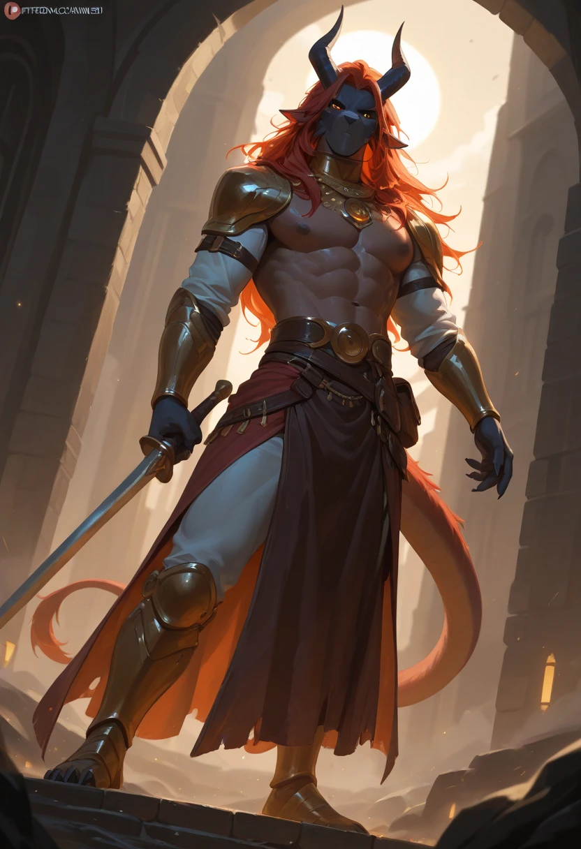 A full body image of one extremely handsome male elf naked wearing just a small black thong, clean shaved, athletic body, (white skin), bare chest, (long orange scruffy hair), serene expression, small waist, muscular.