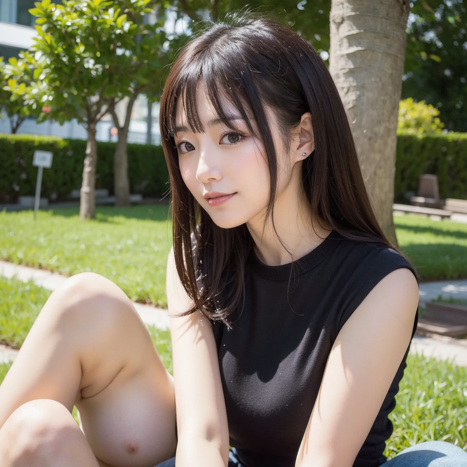 masterpiece, 8K, Photorealistic, Optimal ratio, Detailed face,Dark Eyes,Black irises,((No clothes))、((Crouch)),(Completely naked)、Immature girl1people,Thick pubic hair,The vagina looks good、focus on the crotch、Large Breasts、Small areola,Slender body、Being thin、Glowing Skin,Long, slender legs、Opening her legs,((MCharacter splits))、Focus on the groin,Young face、bangs,A small smile,Ponytail with barrette,From below,Front light,Sitting on a park bench and opening your crotch,12 years old