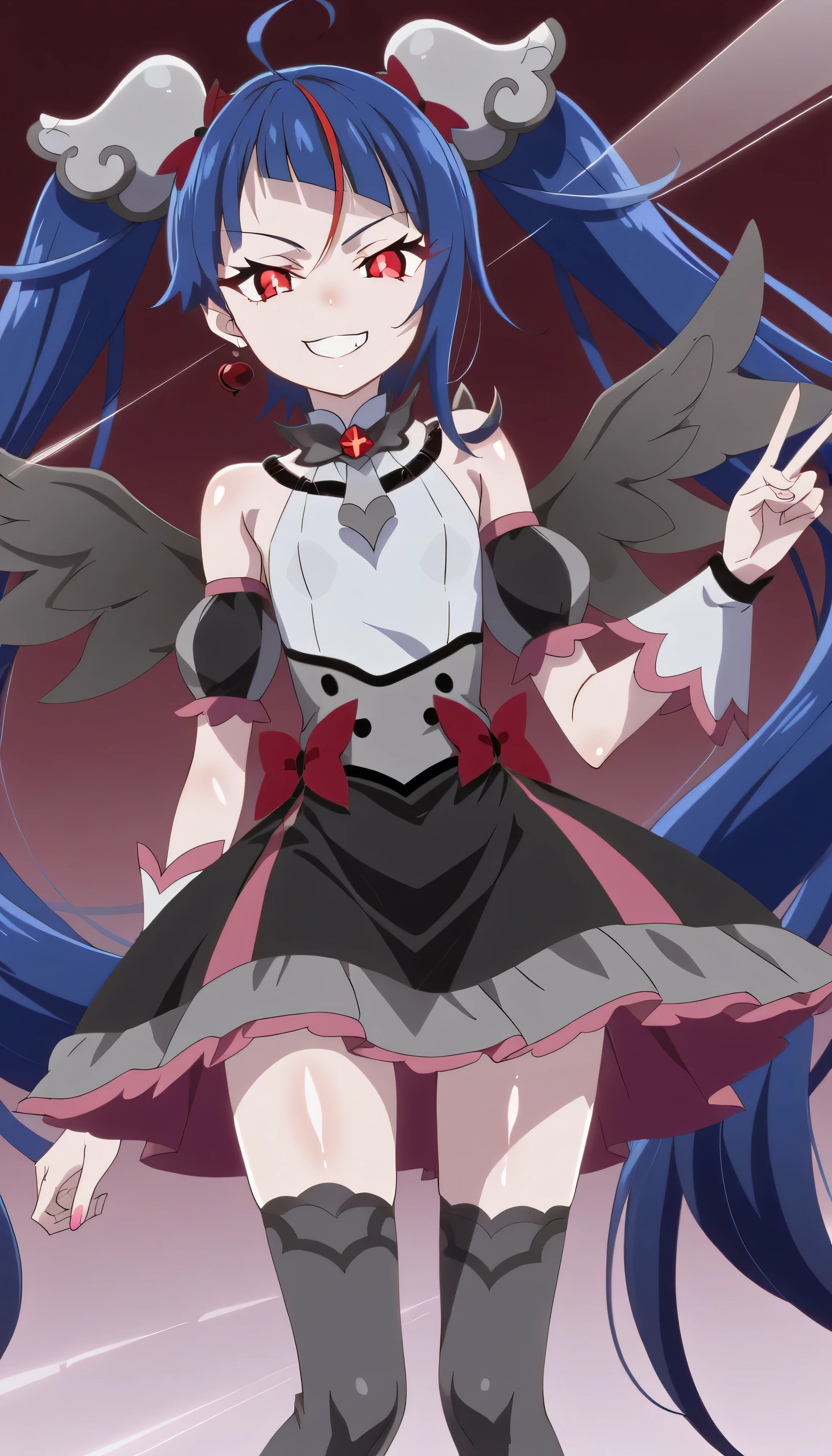score_9, score_8_up, score_7_up, Source_Anime, official art , Anime screencap, Goddess Magazine , reflective white knee-high stockings on the glass floor , dark cure sky、( Flat-breasted:1.2), , dark blue hair、 twin tails、 , , , Let's play in the Pretty Cure uniform , pleated skirt , ,(evil Smile:1.8),obscene, top quality,very detailed images,single,1 girl,(shiny skin nsfw:1.8),