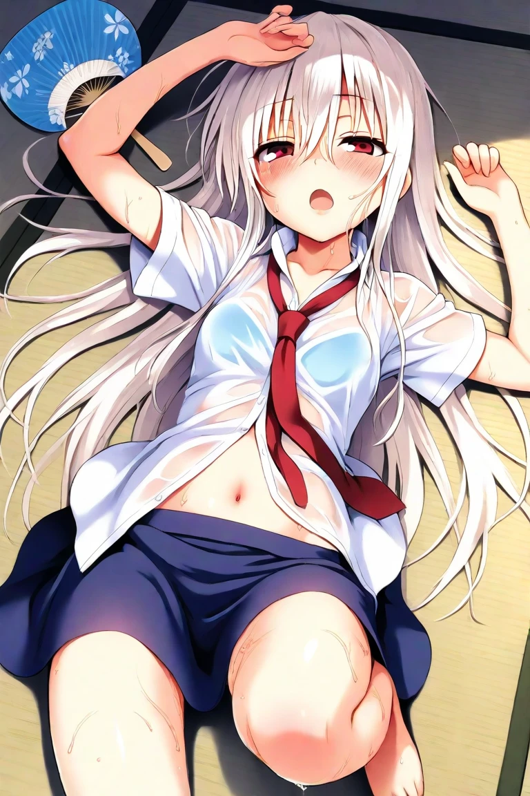 one girl, wolf ears, pure, naive, school blazer, plaid skirt, sex, on bed, missionary sex, spread legs, drool, white hair, cute, ecstatic, creampie, small breasts, heart mark, hair clip, straight hair, neckerchief, rape, aphorodisiac