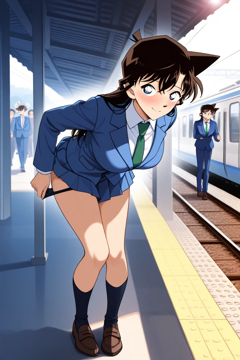 ((masterpiece)),((best quality)),ultra-detailed,illustratio,Explicit,nsfw,Beautiful body,Beautiful Nose,Beautiful character design,perfect eyes,perfect face,wallpaper,ultra highres,4K,photography,(Beautiful, large breasts:1.2),(beautiful face:1.2),(beautiful legs, perfect legs),(meitantei conan \(style\), detecive conan \(style\), meitantei conan),shiny skin,anime screencap,official style,Mori Ran,(black hair, long hair, wavy hair),1girl,solo,necktie,skirt,blue eyes,jacket,green necktie,pleated skirt,white shirt,black jacket,collared shirt,shirt,blazer,long sleeves,black skirt,miniskirt,bangs,wing collar,wearing white panties,BREAK,glaring,standing,angry,contemptuous,disdain,disgust,open stance,lift skirt,show panties,upper body,from forward,looking at viewer,on the train