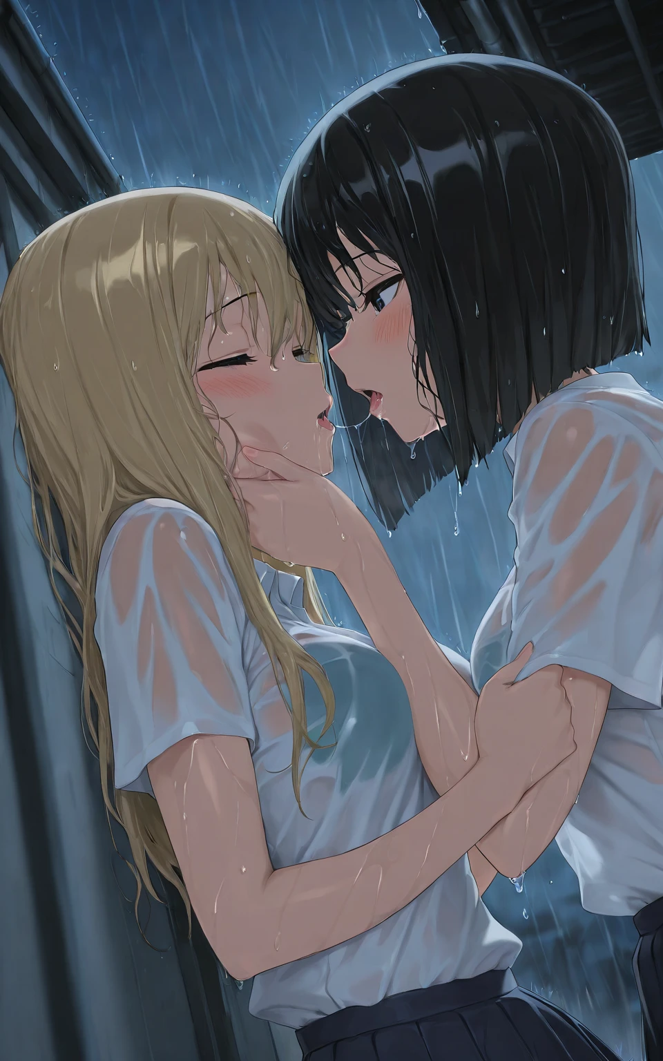 hyper quality, high resolution, intricate details, panorama, dutch angle, (2 little girls) wearing (white silk dress), silk texture dress, (white dress:1.1), ((very long dress), long sleeve, best silk texture, best Wrinkles on dress), (yuri, lesbian), (deep kiss, hug:1.25), full body, Beautiful eyes, (Partial submerse:1.1),Partial dress in water, (Water sprayed, water column:1.1) (wet, very wet dress, wet body, wet long hair, wet sleeve, wet silk dress, wet skin:1.1), (Transparent mucus wrapping, water drop), submerse in water, Poignant and beautiful, Smile in despair, smile in sadness, closed mouth, (beautiful and detailed water:1.1), (dark dungeon, dark and damp water dungeon, enclosed space:1.15), (Cement walls), dark light, light source, (atmosphere of despair:1.15), (Water mist), inspired by the flower house Yiding's manga painting, Pixiv competition winner, ukiyo-e, ukiyo-e art style, ukiyo-e style, Japanese art style, Japanese illustrator,