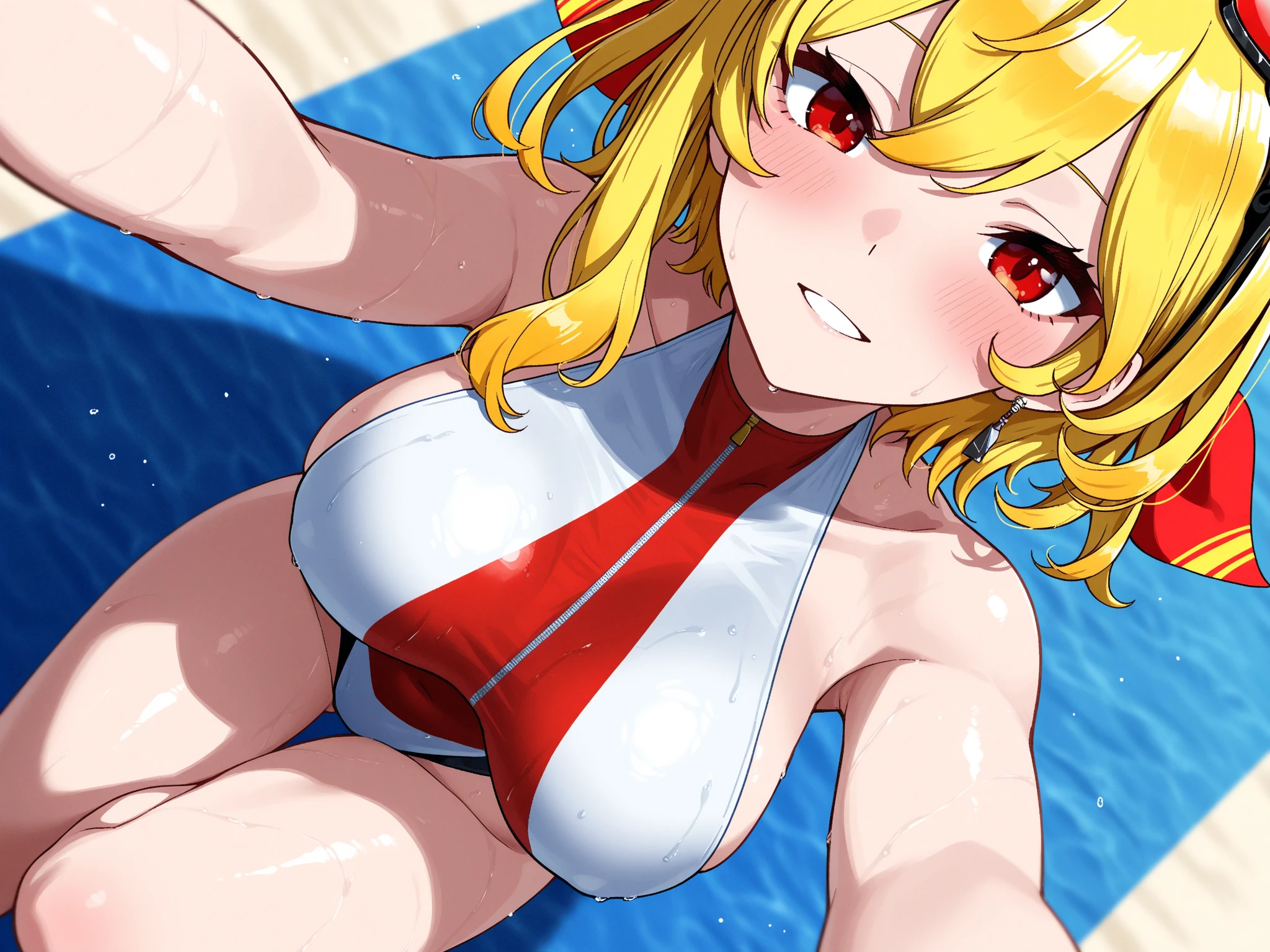 masutepiece, Best Quality, 1girl in,Flandre Scarlet,Blonde side ponytail、Night Pool Background、I'm wearing a white mob hat、has colorful feathers、Bikini with red frills、HCup Breast、enchanting posture、Happy face、full body seen