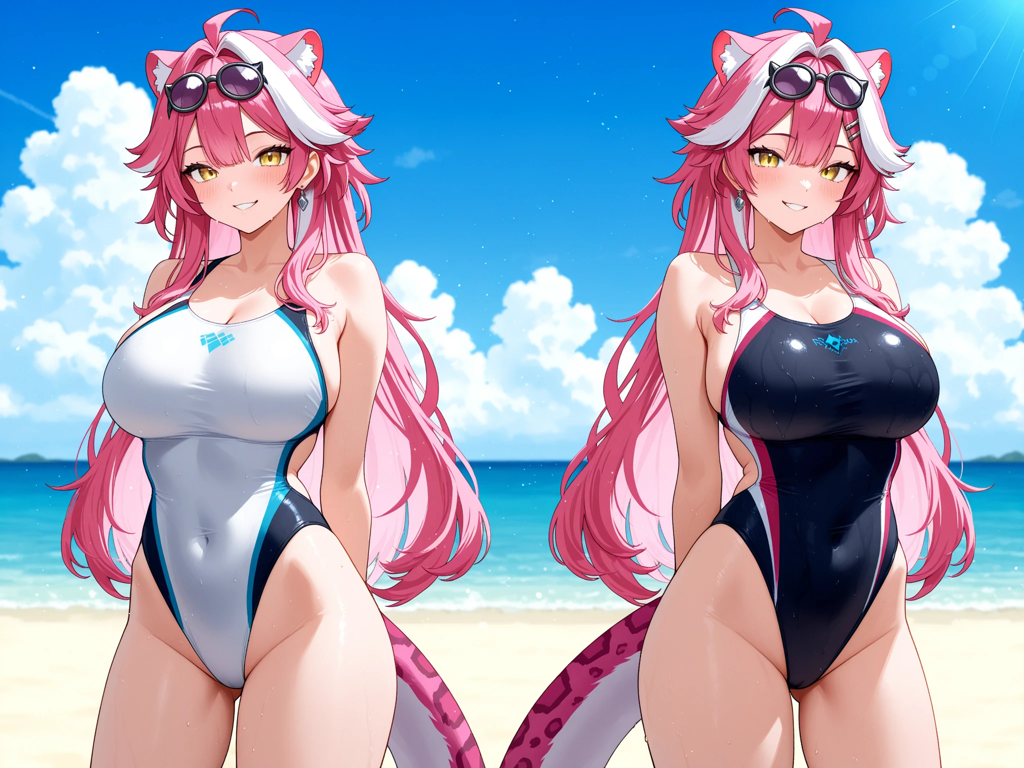 (Pele branca, lindas pernas longas)(The eyes are blue and gold)(orelha de gato)(costas nuas)(cabelo longo rosa) glutes showing