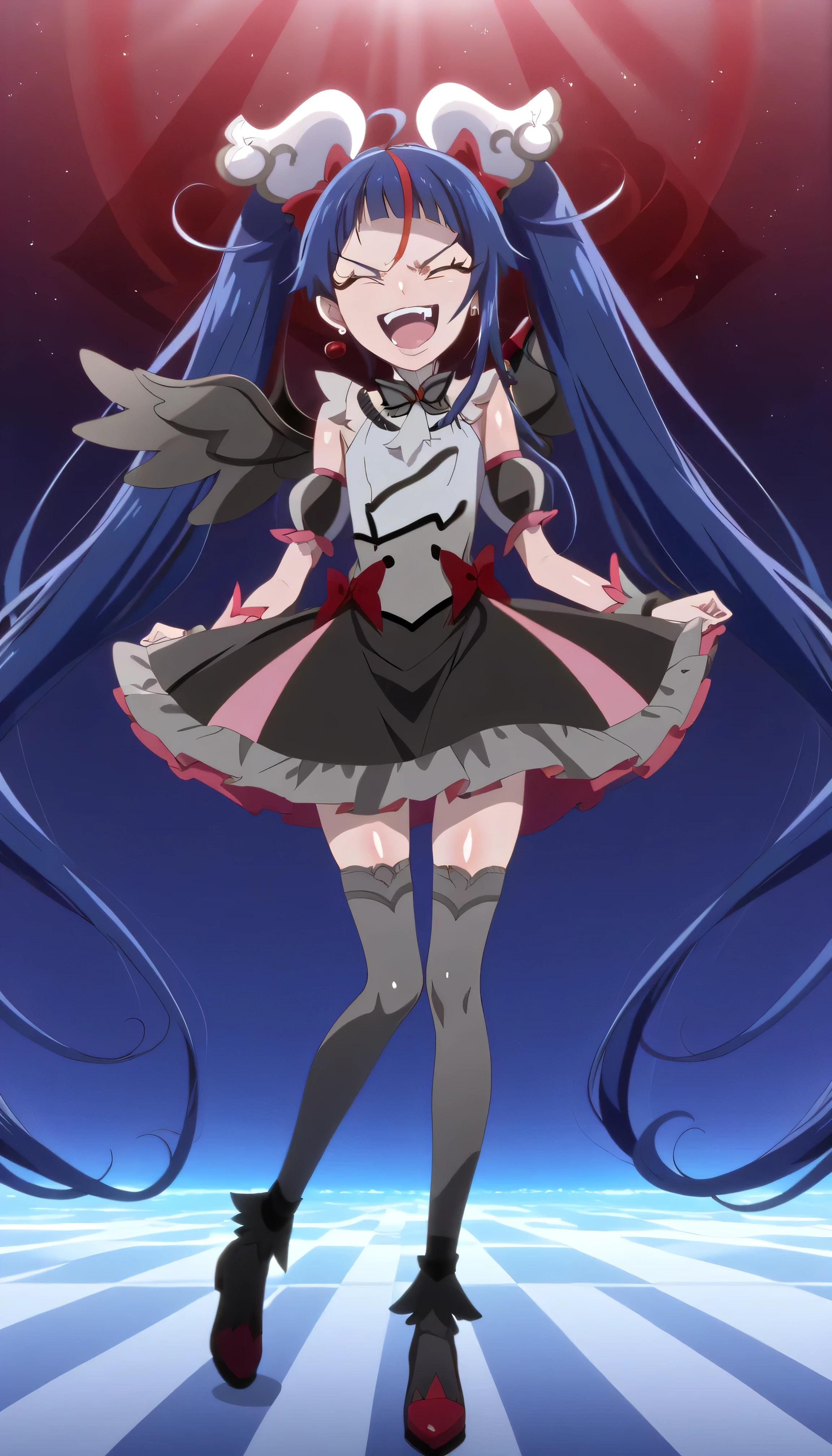score_9, score_8_up, score_7_up, Source_Anime, official art , Anime screencap, Goddess Magazine , reflective white knee-high stockings on the glass floor , dark cure sky、( Flat-breasted:1.2), , dark blue hair、 twin tails、 , , , Let's play in the Pretty Cure uniform , pleated skirt , ,(evil laugh:1.8),obscene, top quality,very detailed images,single,1 girl,(shiny skin nsfw:1.8),