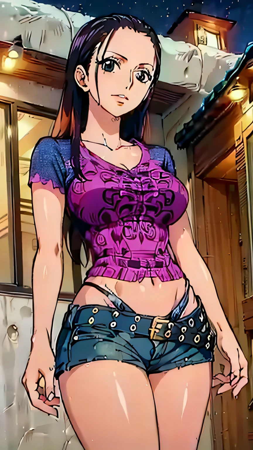 (masterpiece, best quality, high resolution, 8K:1.2), anime coloring, detailed, from one piece, one piece style, Nico Robin, mature woman, 30 years old, woman with long black hair, big medium breasts, calm and collected, happy expression and laughing, soft look, beautiful face, perfect hands,(pattern shirt, t-shirt, denim shorts, belt), (street corner, night), (smile:0.8), looking at the viewer, in the center of the image, (cowboy shot:1.2), dutch angle, 