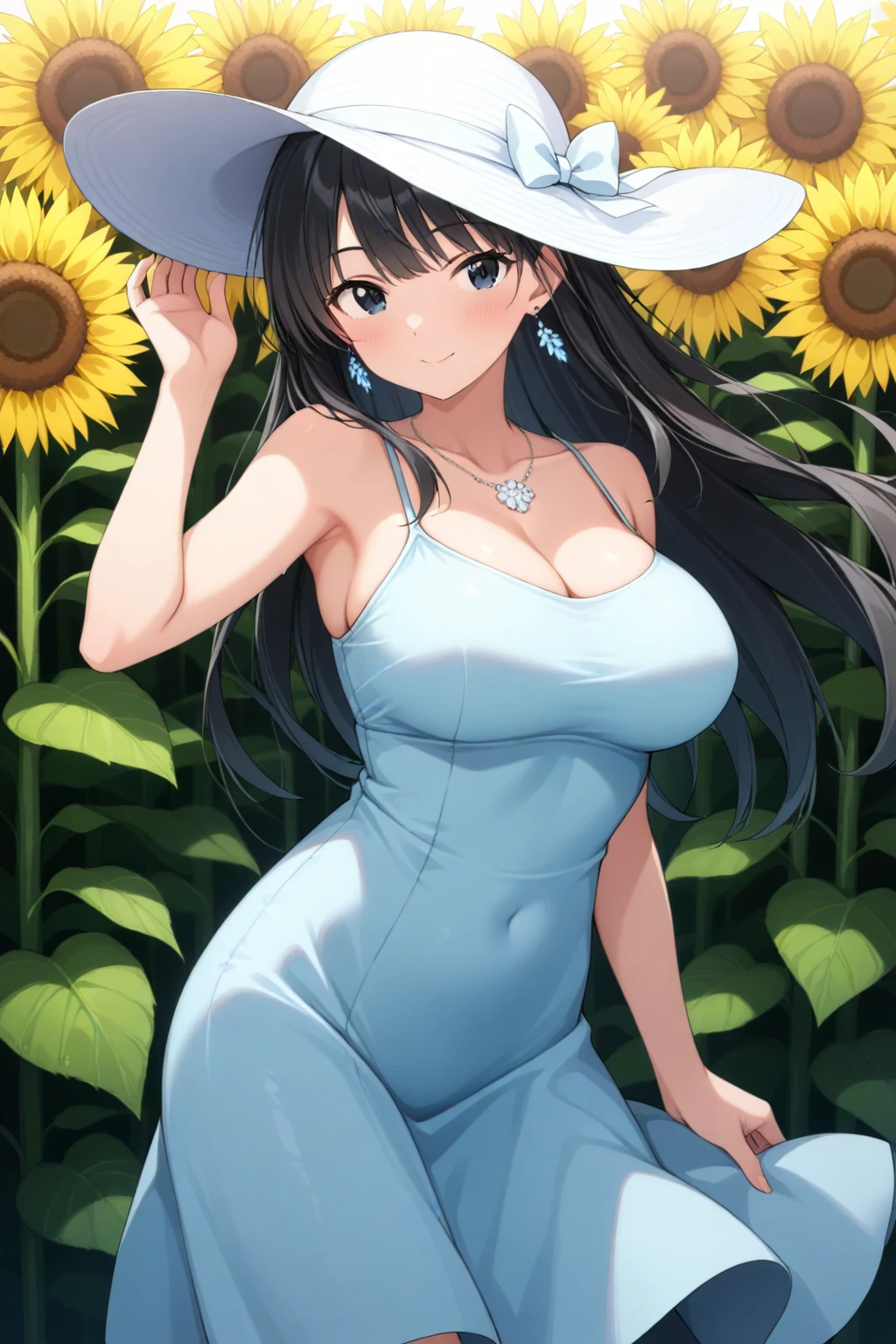 (masterpiece), best quality, expressive eyes, perfect face, 1girl, solo, huge breasts, cleavage, hourglass figure, milf, mother, long hair, wavy hair, (light blue hair BREAK light blue eyes BREAK) lipstick, smile, closed mouth, floral print sundress, sleeveless, yellow sundress BREAK blunt bangs, standing, sunflower garden, outdoors, sun hat, blue sky