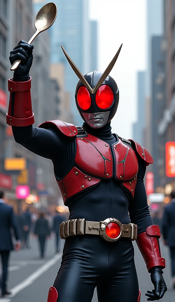 hyper realistic,natural light,highly detailed,(highly detailed background),detailed textures,wide angle,8k,HDR,professional photoshoot,high quality photo,realistic photo,realistic shadows,detailed shadows,realistic proportions,film grain,raw photo,1boy,mature male,muscular,KuugaMighty,horns,red armor,rider belt,gloves,red eyes,bodysuit,helmet,armor,belt,((thumbs up)),city,cowboy shot,<lora:Concept-control tool-add_detail-CyberAIchemist:0.6>,<lora:KuugaRider:0.7>,