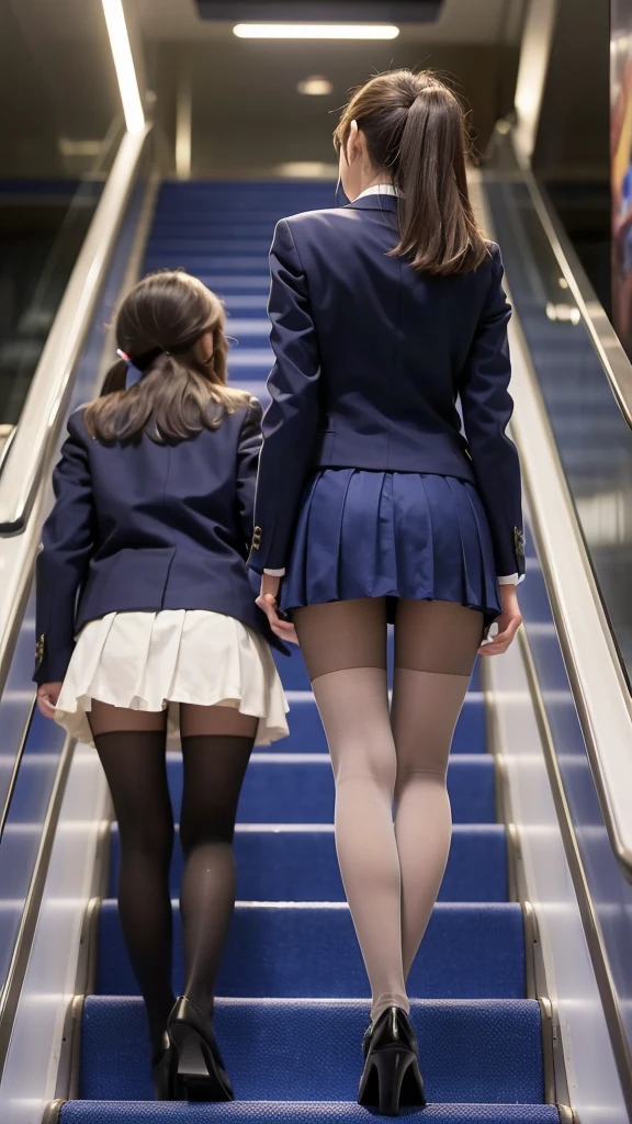Two women are kissing through the glass of a train door. The woman on the train is wearing a white school uniform.. The other woman outside the train is wearing a dark blue school uniform.. huge-breasted, Small waist, big butts, Black thigh high high stockings, Full body shot. giga_busty
