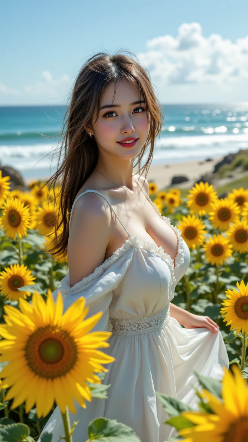 top-quality、masterpiece、超A high resolution、(Photorealsitic:1.4)、Raw foto、(Authentic skin texture:1.3)、(film grains:1.3)、the panorama、Character Portrait、Very Wide Shot、narrow waists、bokeh effects、A smile、1girl in、beautiful detailed eyes and face、off shoulders、Brown-eyed、Sunset sky、Red fiery sky、The background is a sunflower field、Sunflower earrings、Sunflower dress、Eyes are on the viewer、Looking at the camera、Shy laughter、A smile、Kiss Face、Angle from above the knee、Breasts are small and B size、A slender、Cleavage is visible。Paws are thin and beautiful,the skin is white and transparent