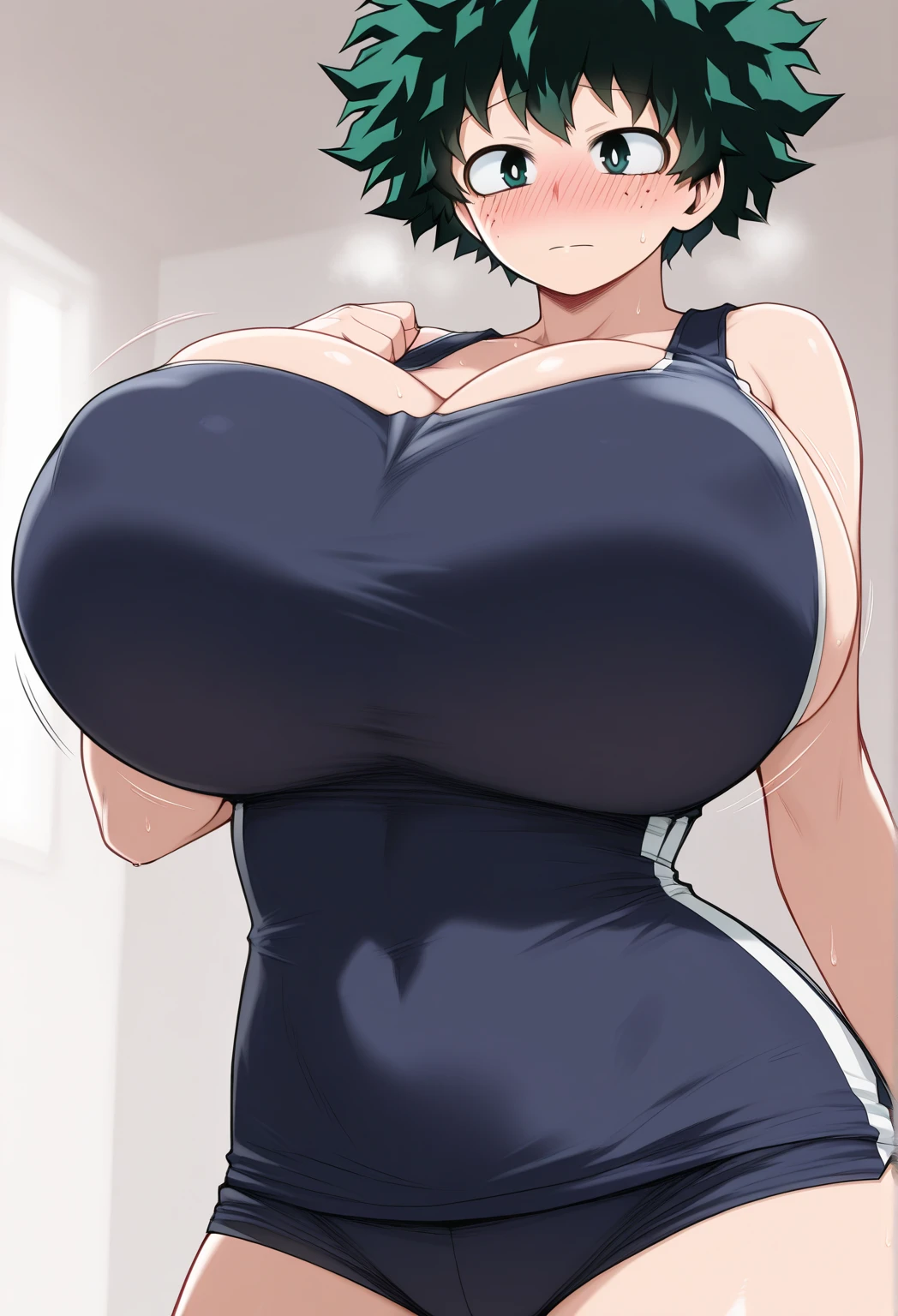 nanao yukiji style, greyscale, manga, milf, hypnotized, mesmerized, innocent eyes, raised eyebrows, starring up and away, blank stare, open mouth, 1girl, solo, blushing, black hair, short hair, tomboy, huge breasts, bouncy breasts, sweaty, wet, racing swimsuit, holding whistle, indoors, lockerroom in background, front view, creampie, cum dripping from pussy, internal view(impregnation).