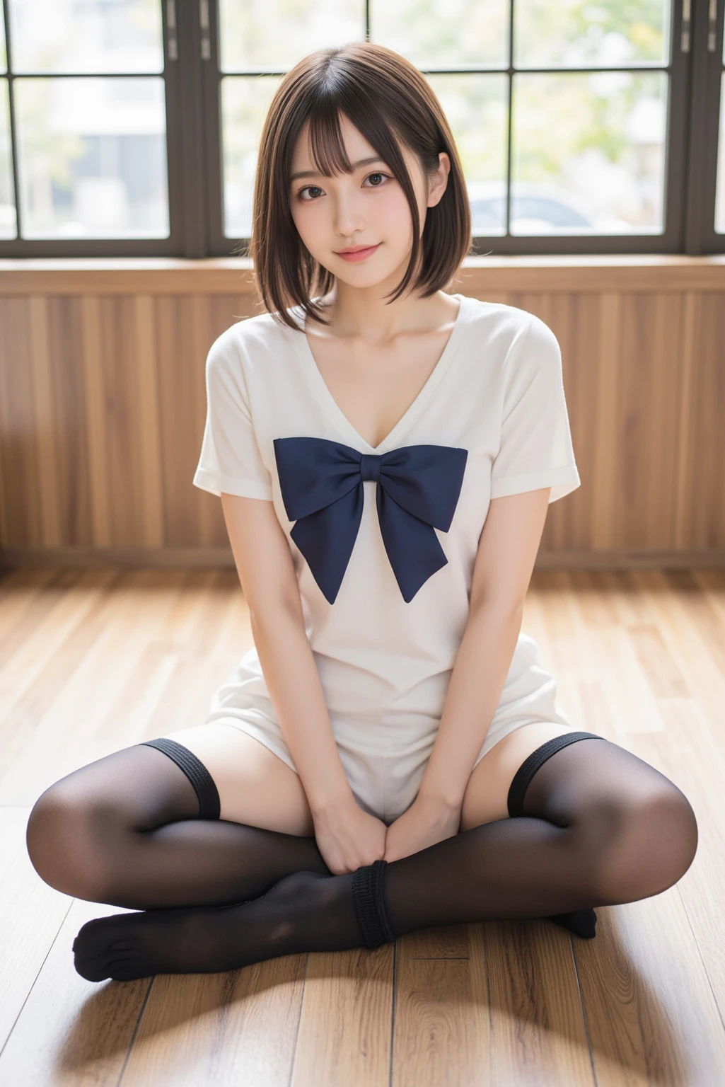 (masterpiece:1.2, highest quality), (realistic, photorealistic:1.4), beautiful illustrations, (natural side lighting, movie lighting), Depth of written boundary, 
looking at the viewer, Front view, 1 girl, English, high school girl, 18 years old, perfect face, Cute symmetrical face, shiny skin, open legs,
(bob hair:1.7,blonde), asymmetrical bangs, Big eyes, droopy eyes, long eyelashes chest), thin, 
beautiful hair, beautiful face, fine and beautiful eyes, beautiful clavicle, beautiful body, beautiful breasts, beautiful thighs, beautiful feet, beautiful fingers, 
((fine fabric texture, brown knit vest, short sleeve white collar shirt, navy pleated skirt, Navy bow tie)), 
(beautiful scenery), evening, (Inside the flower shop), Are standing, (smile, Upper grade, open your mouth),  (((skirt lift, panties, genitals visible))), full body shot, dark blue socks,
