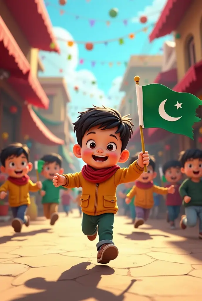a cute cartoon child having pakistani flag in his hand running in the bazar with other kids having pakistani flag 