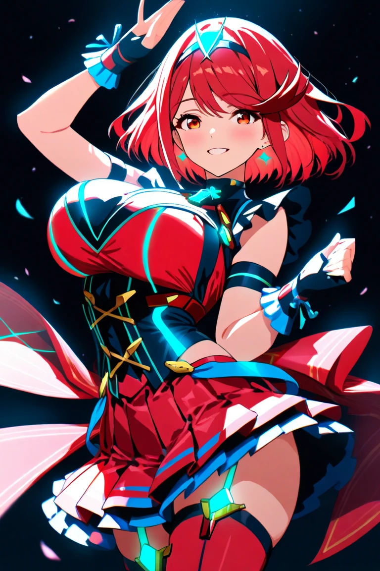anime girl with red hair and black top holding up her fist, ayaka genshin impact, ayaka game genshin impact, stylized anime, anime styled 3d, ryuko matoi, render of a cute 3d anime girl, anime stylized, from the azur lane videogame, attractive matoi ryuko, anime moe artstyle, noire, waifu