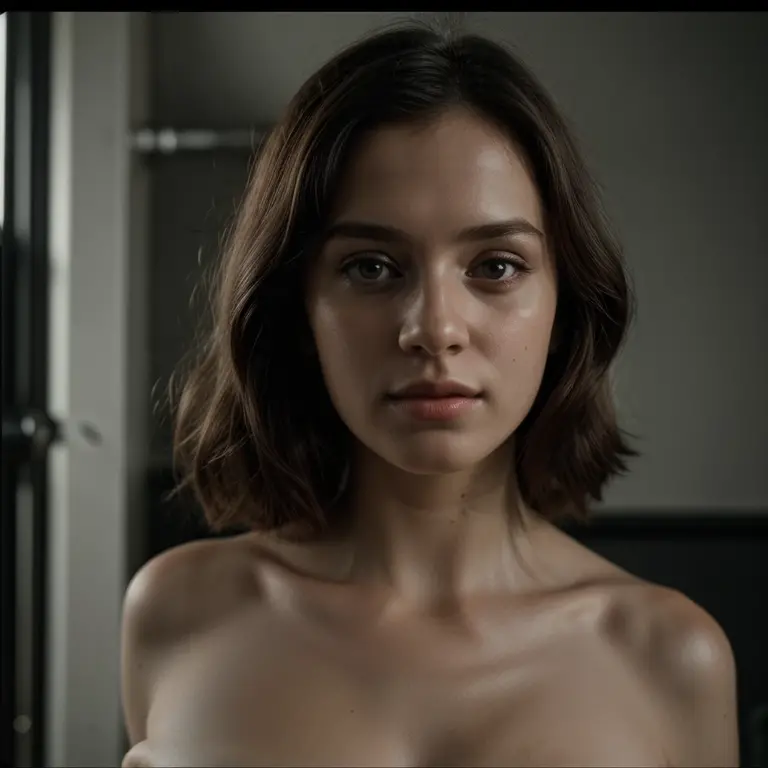 ((high resolution)), athletic, defined muscles, ((pale skin)), freckled, Millie Bobby Brown, ((large breasts)), naked, sexy armor, cyberpunk, neon cityscape