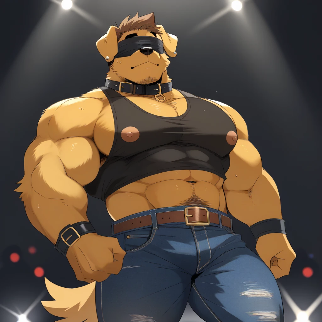 Solo, male (((retriever, brown eyes, brown iris, black pupils, muscular, big pecs, abs, folded ears, brown body, tan fur, brown hair, beard, chest tuft, tail, spiked collar, leather jacket, black jockstrap, big bulge))) standing, smiriking, full body, perfect anatomy, by darkgem, by mystikfox61, by glitter trap boy